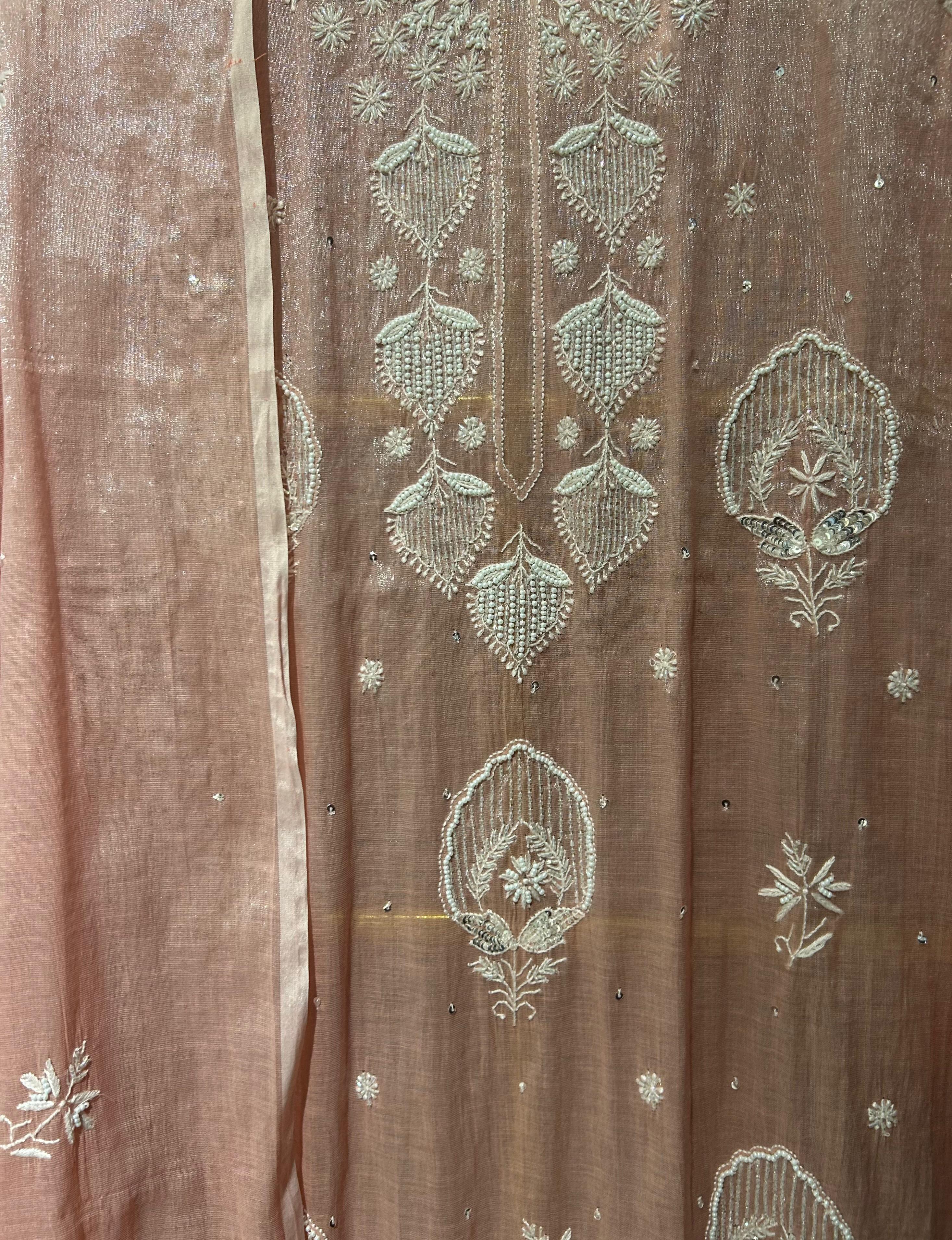 Pink silver tissue chikankari kurta set