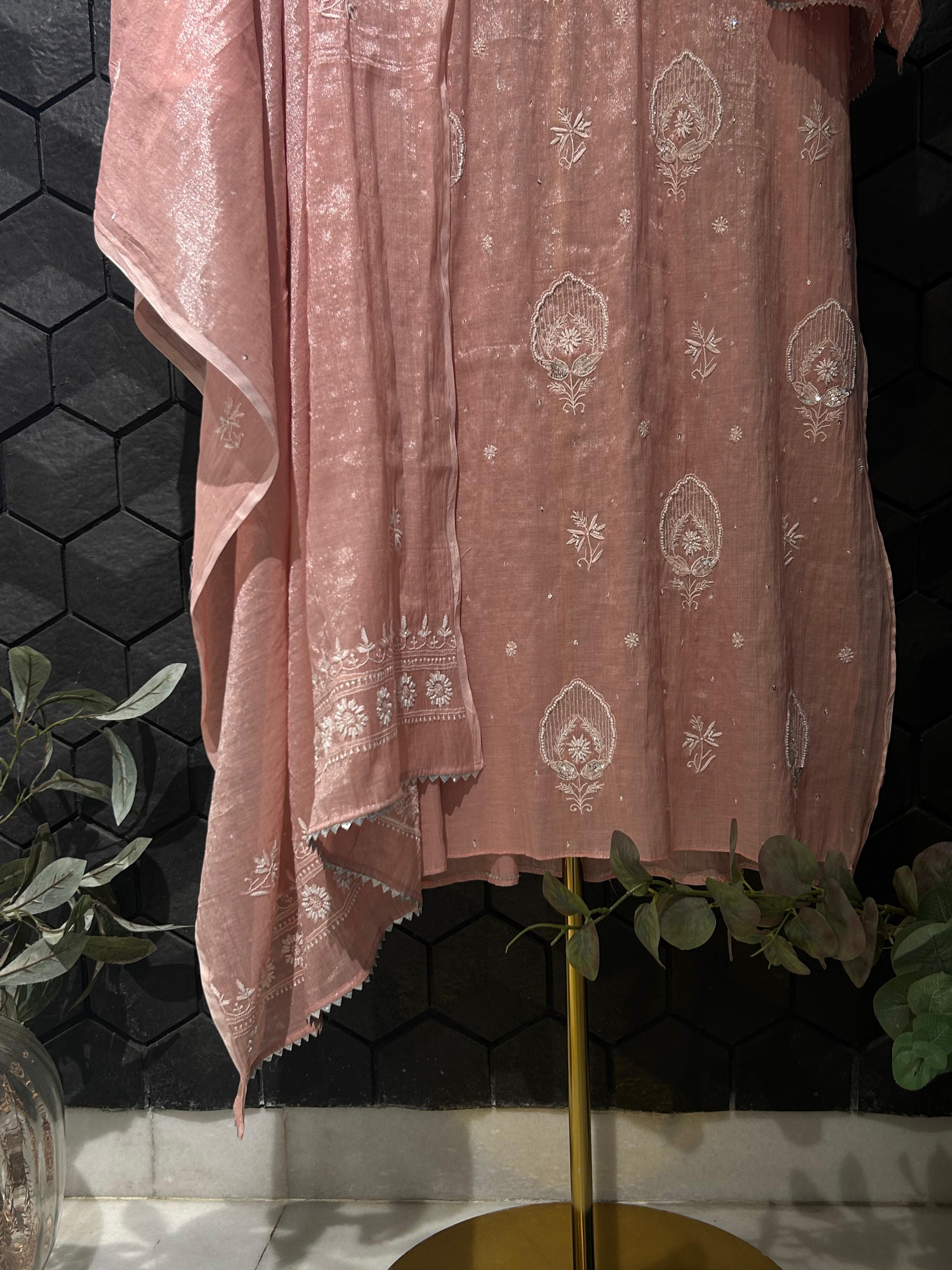 Pink silver tissue chikankari kurta set