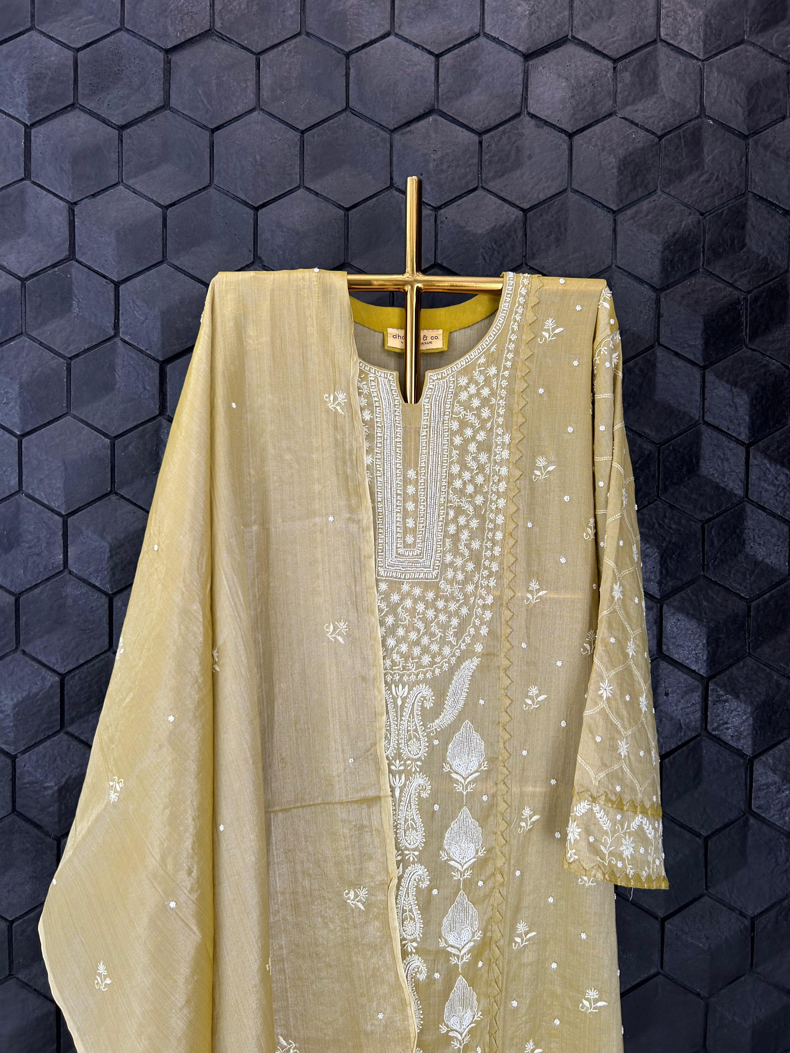 Lime green silver tissue chikankari kurta set