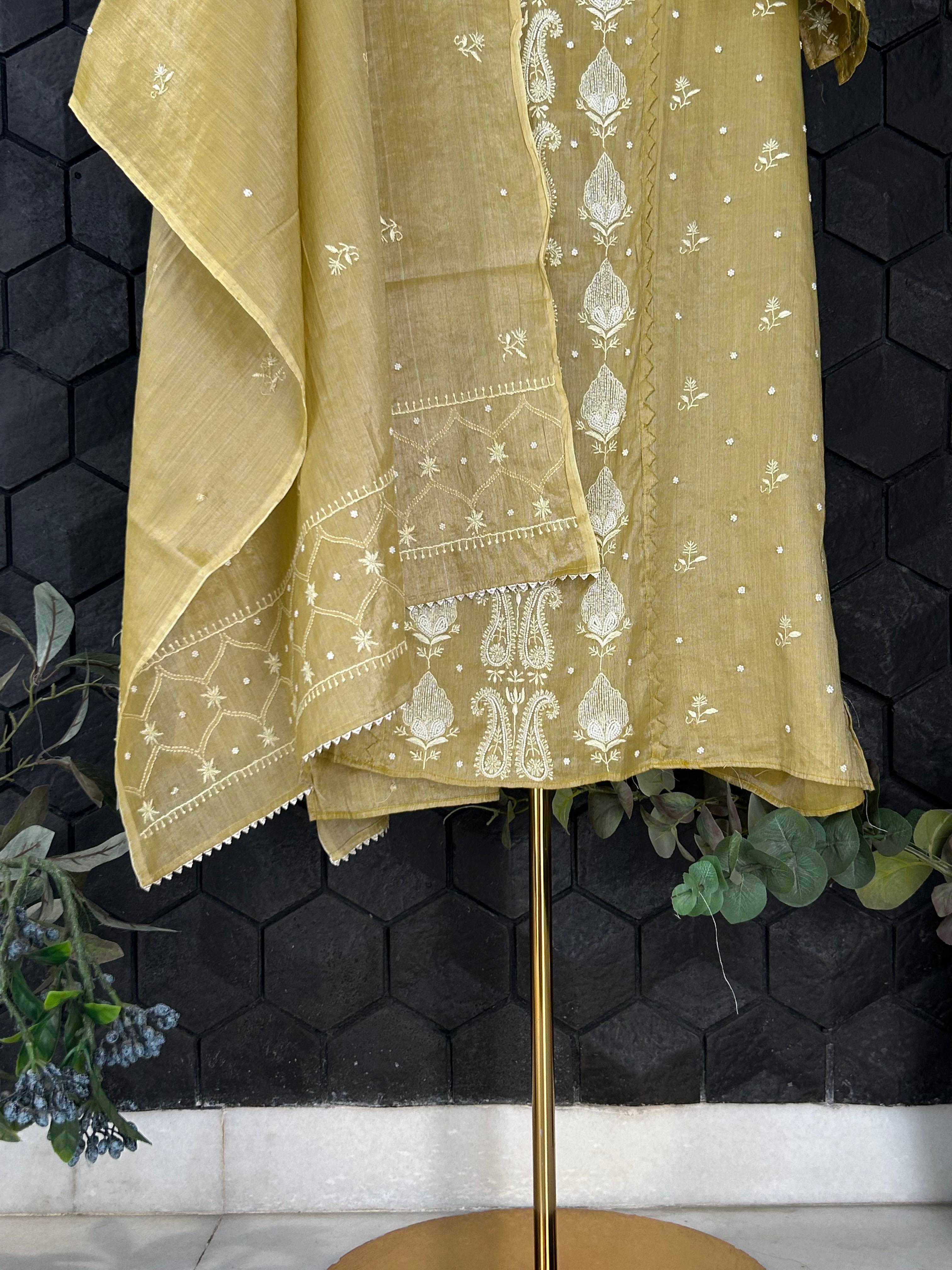 Lime green silver tissue chikankari kurta set