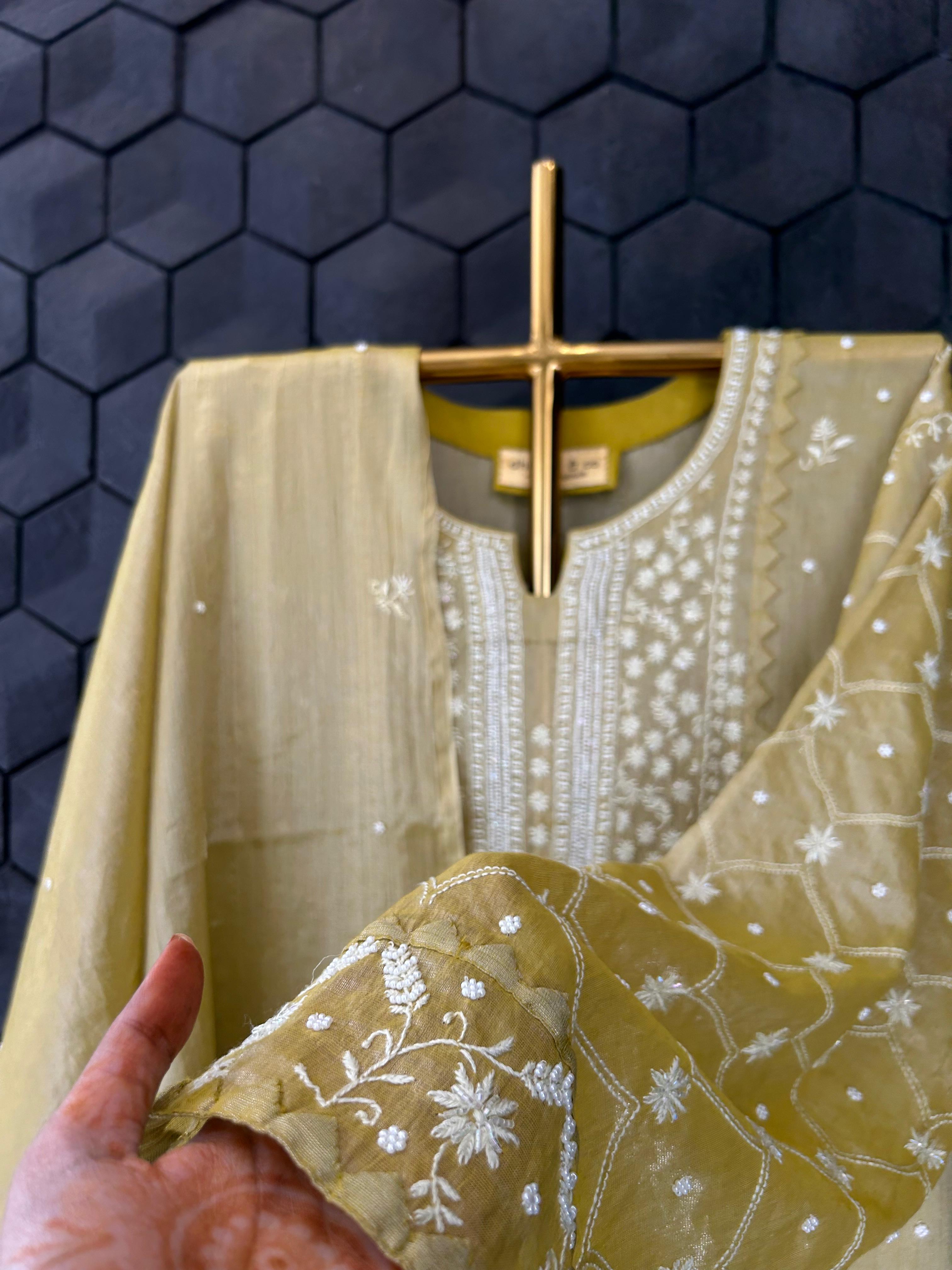 Lime green silver tissue chikankari kurta set