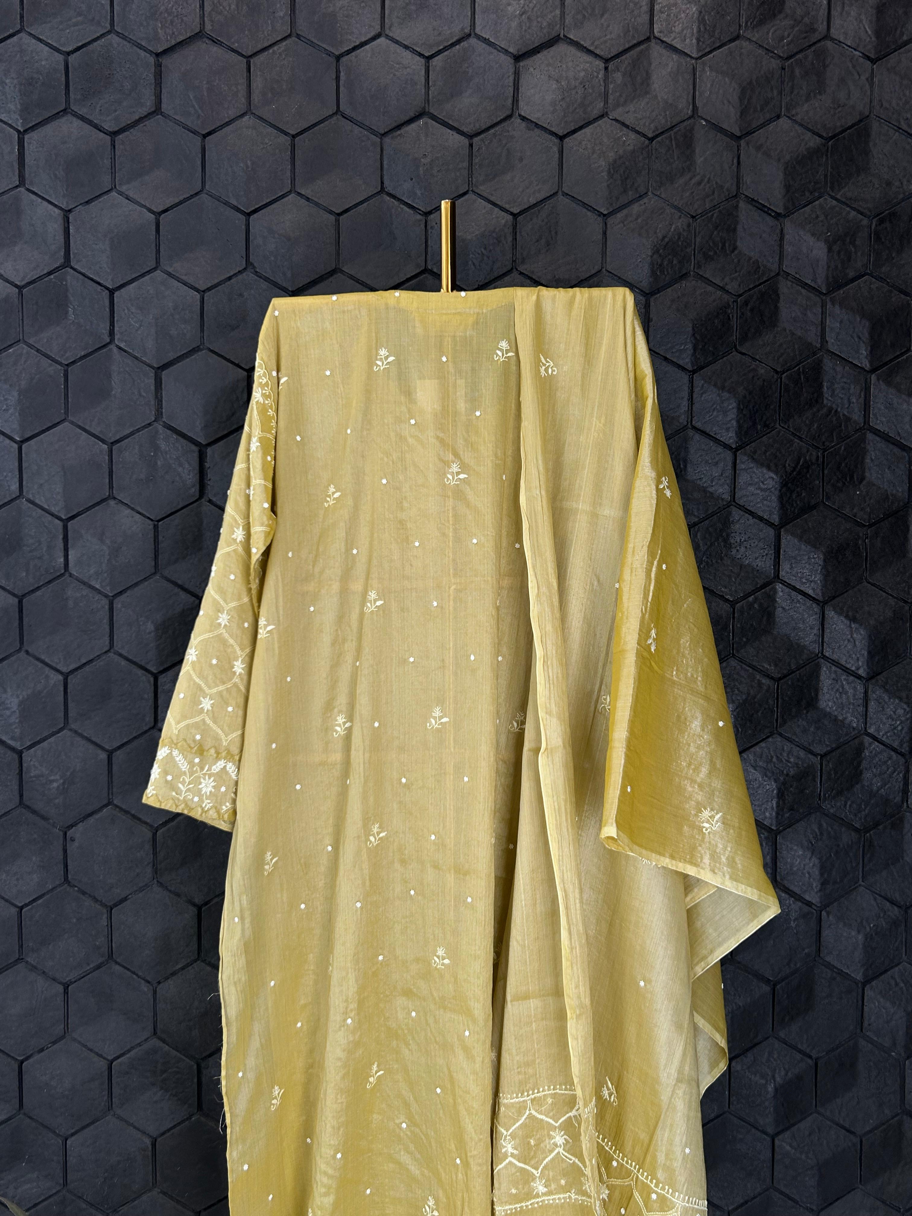 Lime green silver tissue chikankari kurta set