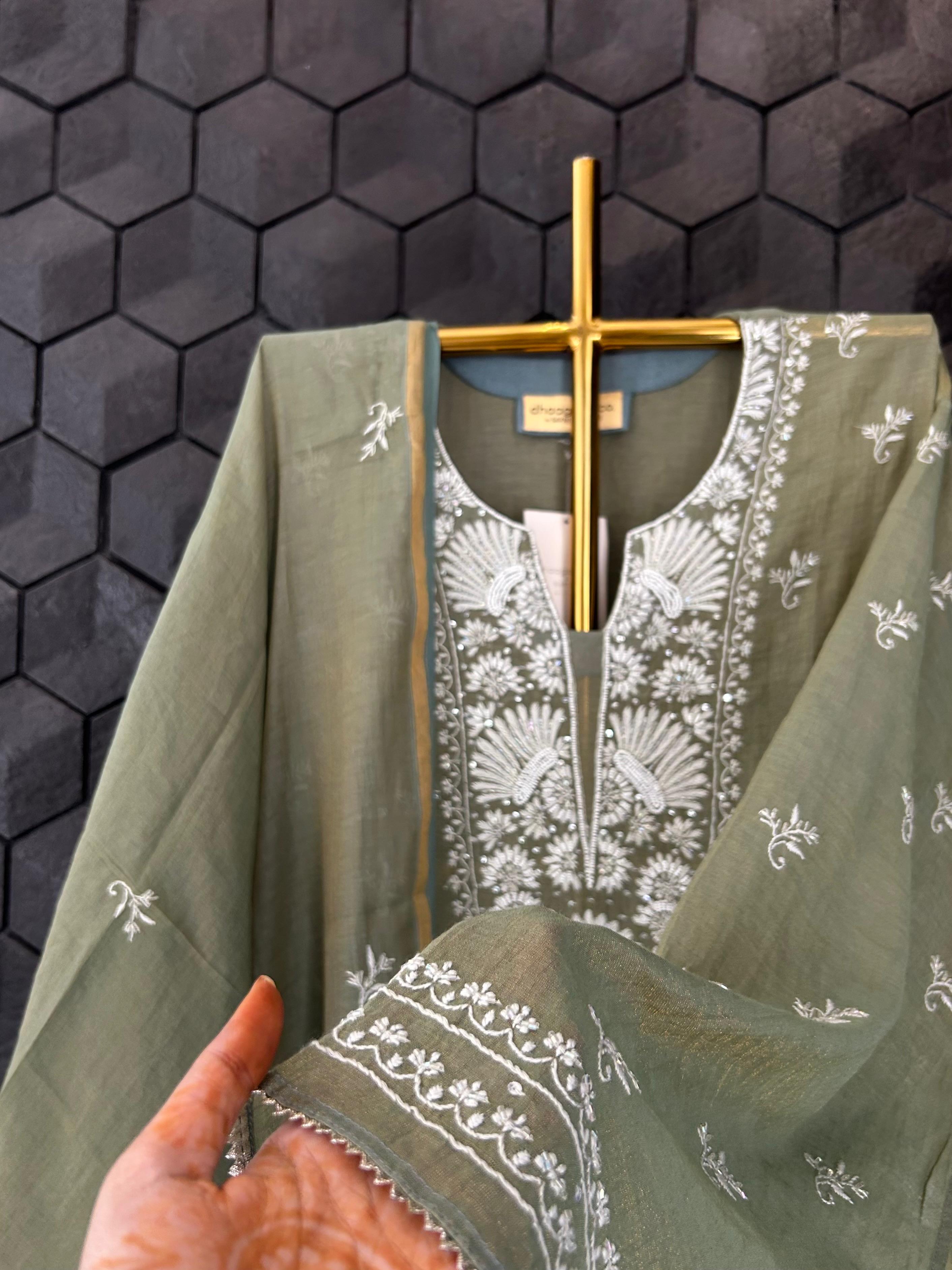 Green tissue chikankari kurta set