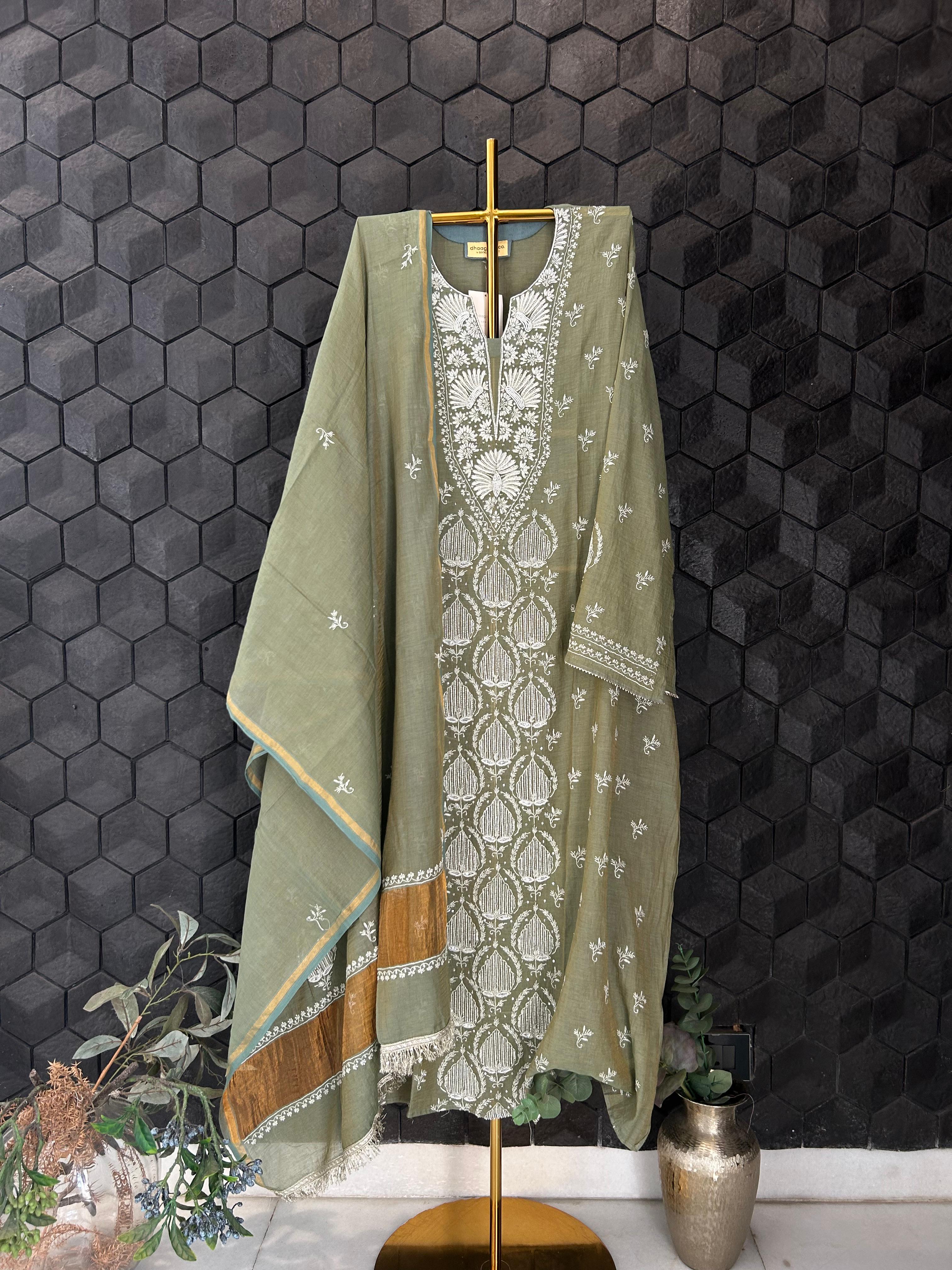 Green tissue chikankari kurta set