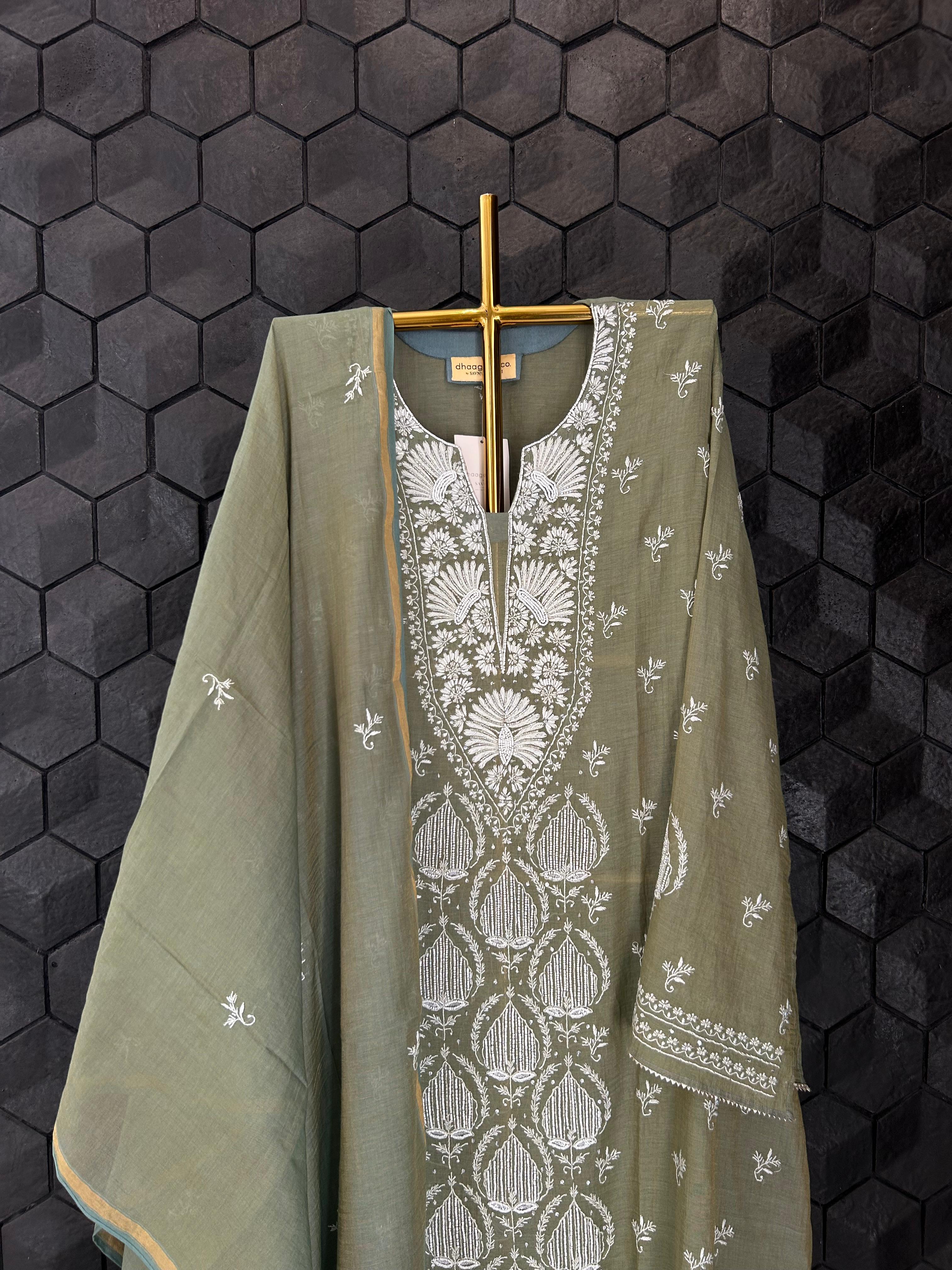 Green tissue chikankari kurta set