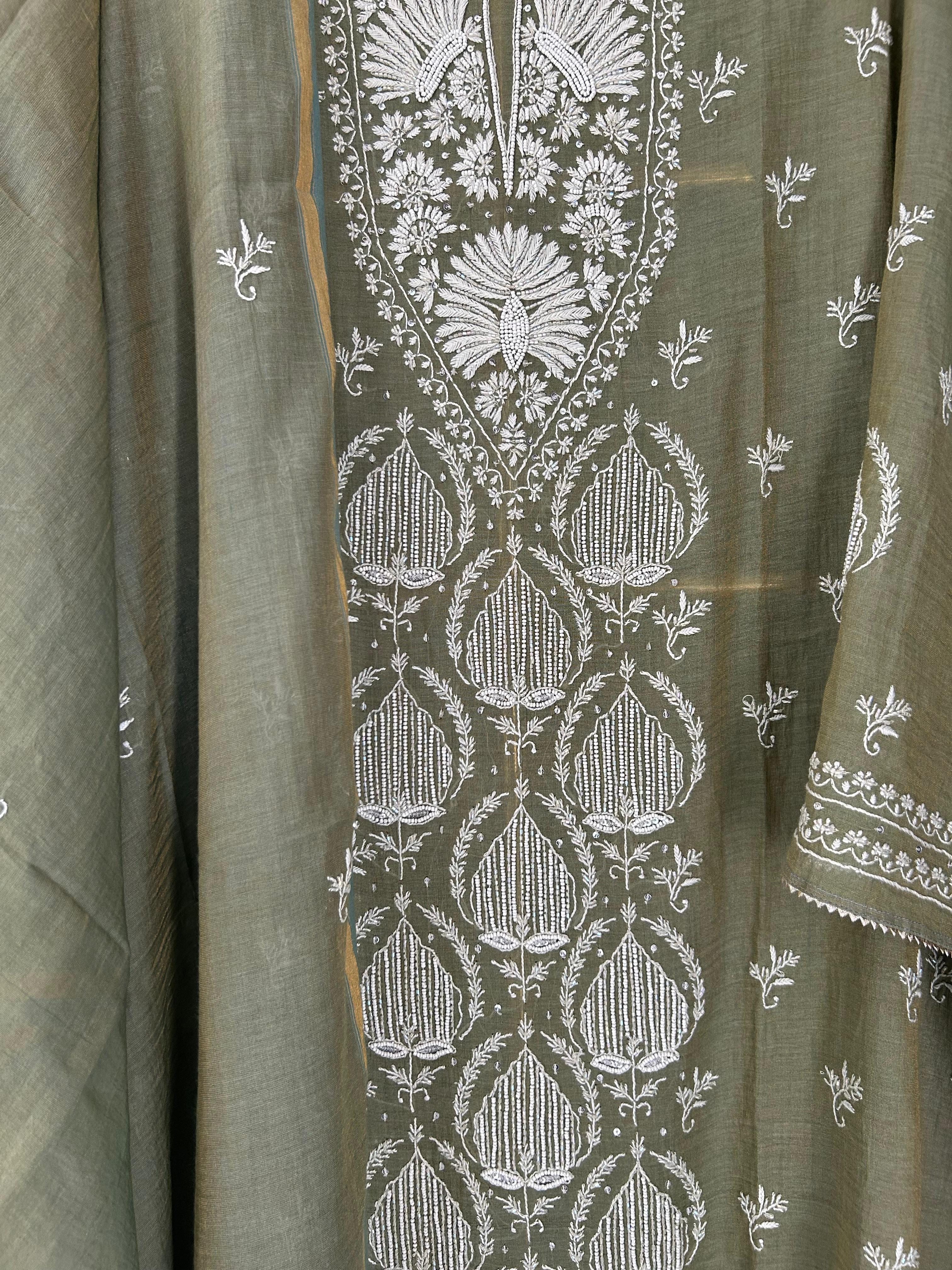Green tissue chikankari kurta set