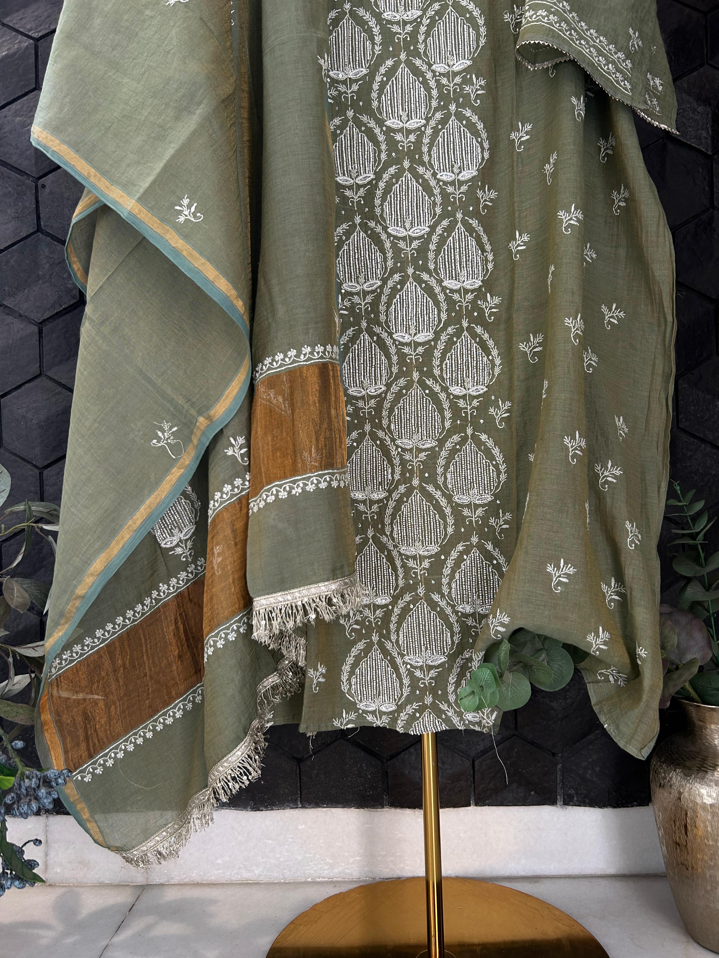 Green tissue chikankari kurta set