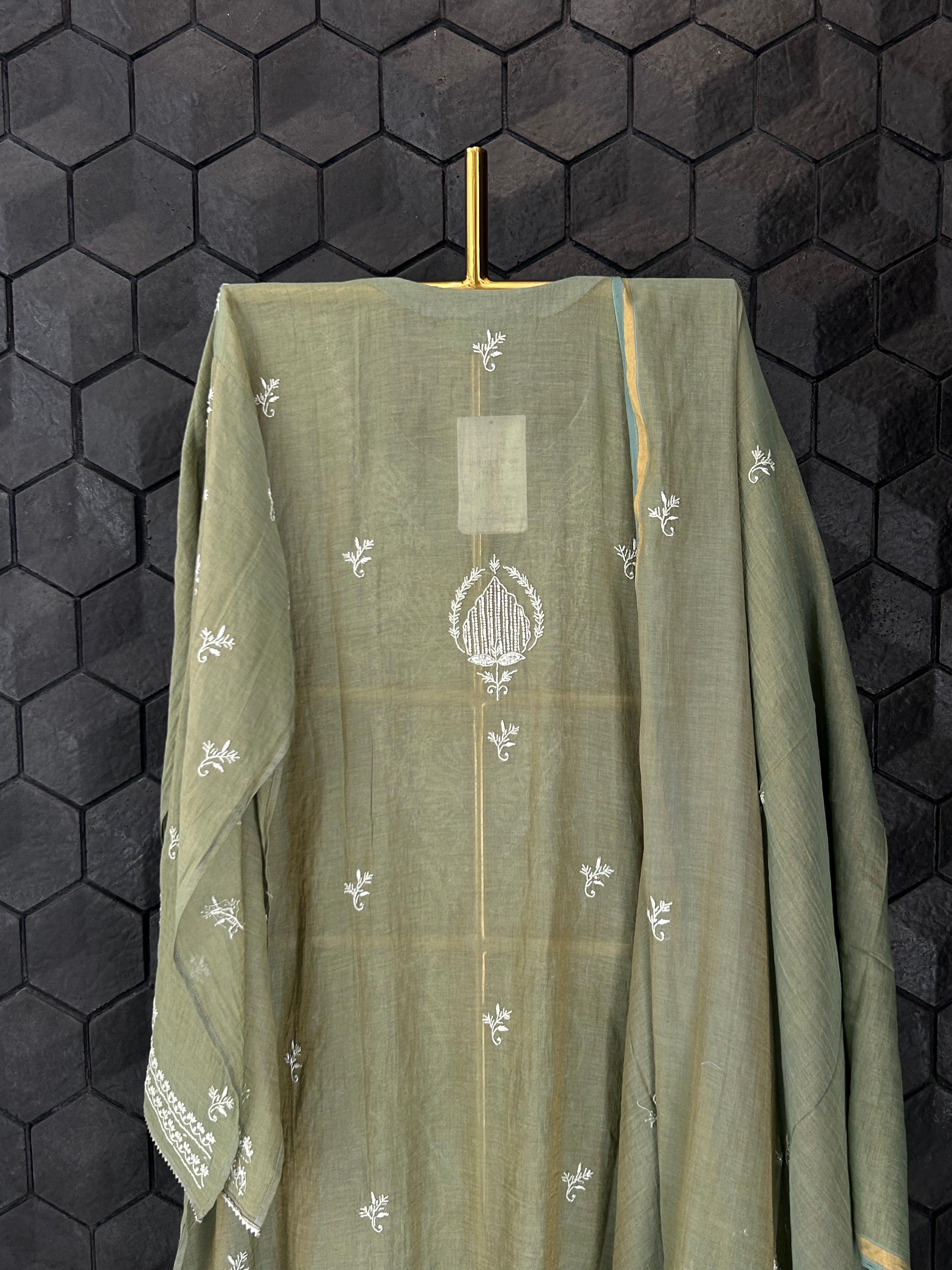 Green tissue chikankari kurta set
