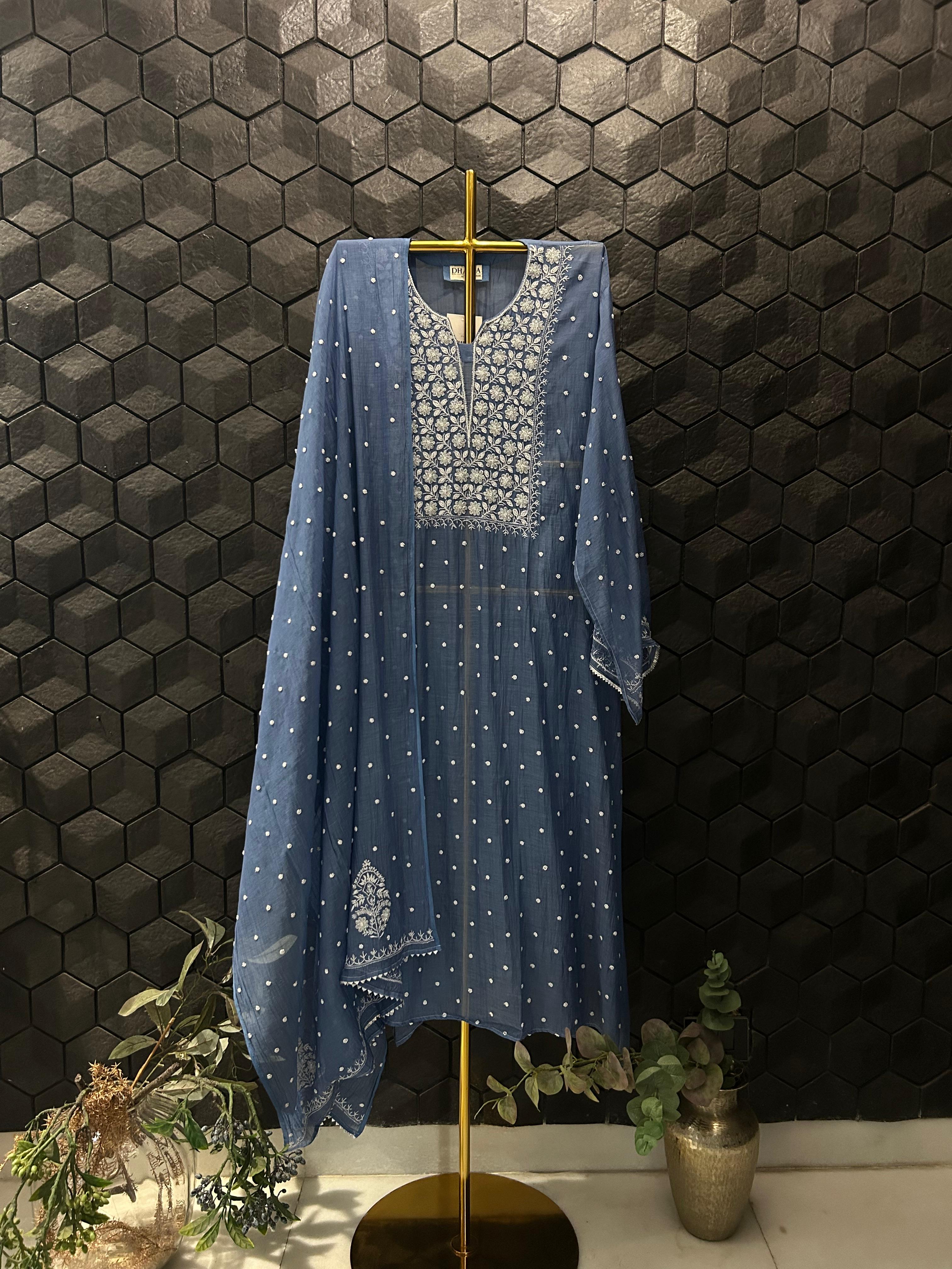Cobalt blue mul chanderi chikankari kurta set