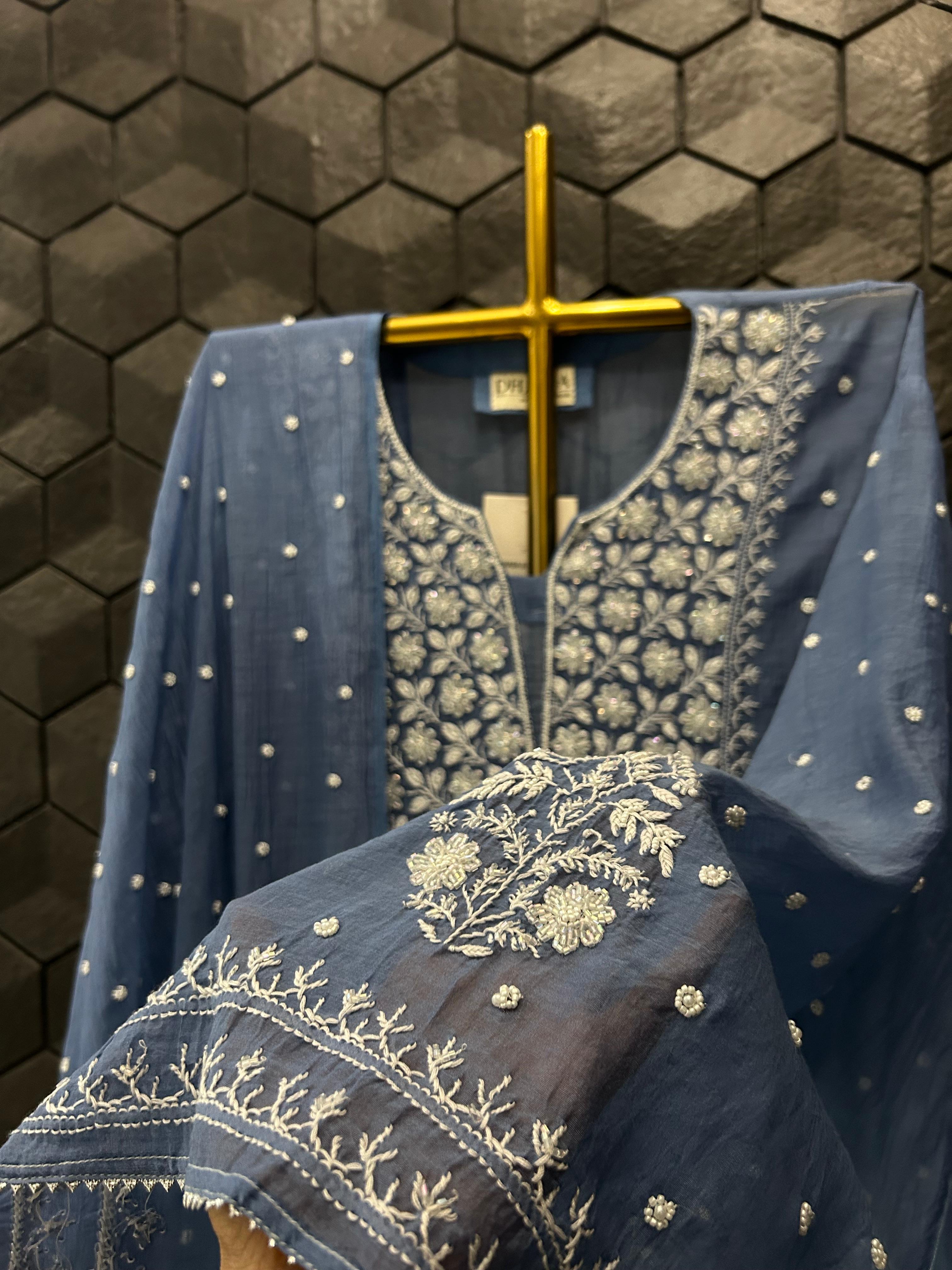 Cobalt blue mul chanderi chikankari kurta set