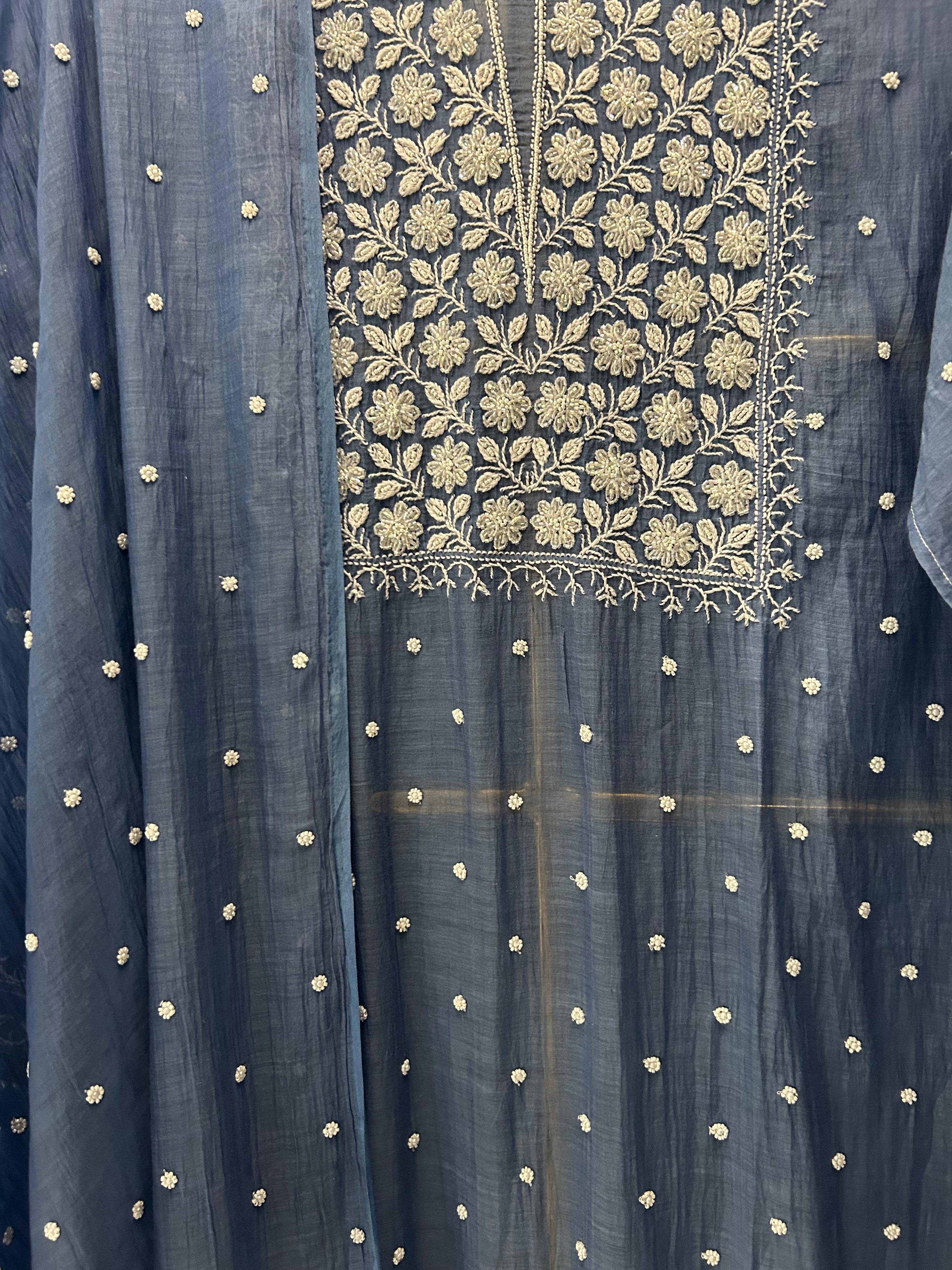 Cobalt blue mul chanderi chikankari kurta set