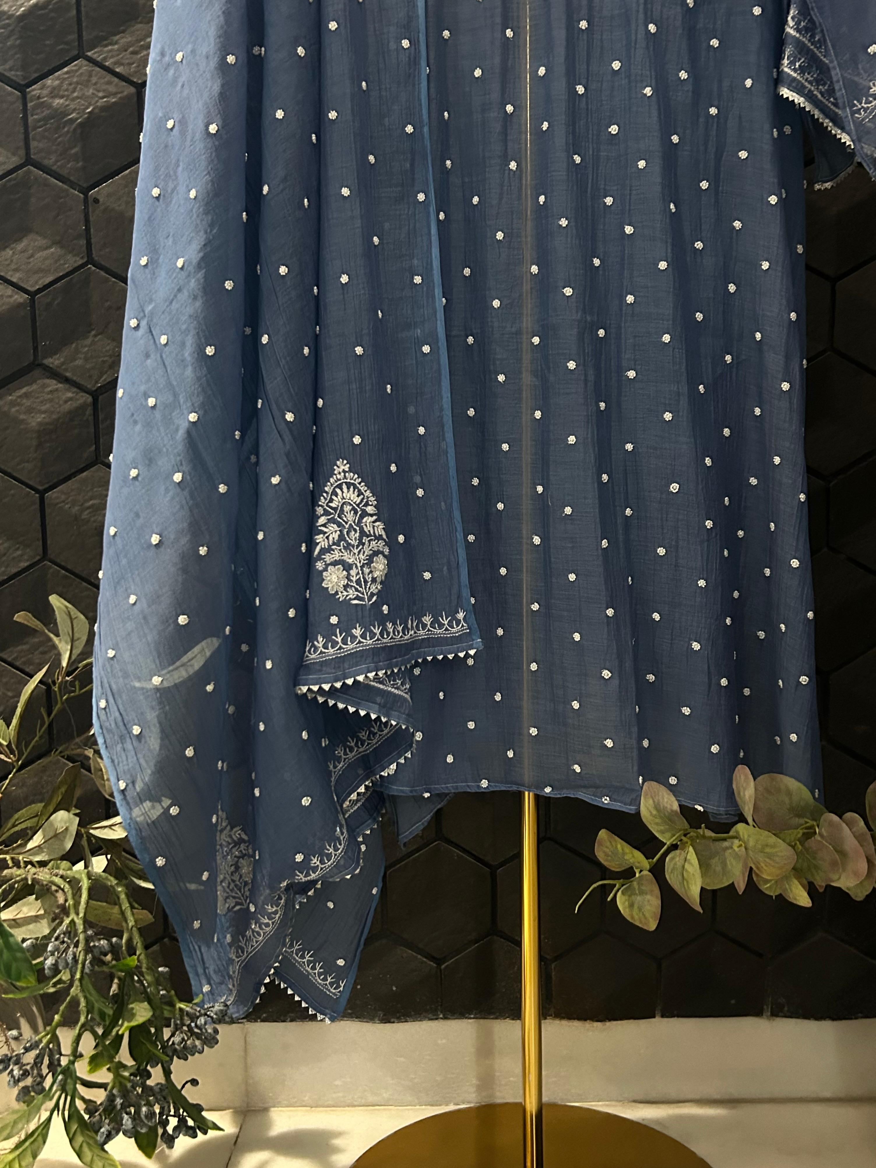 Cobalt blue mul chanderi chikankari kurta set