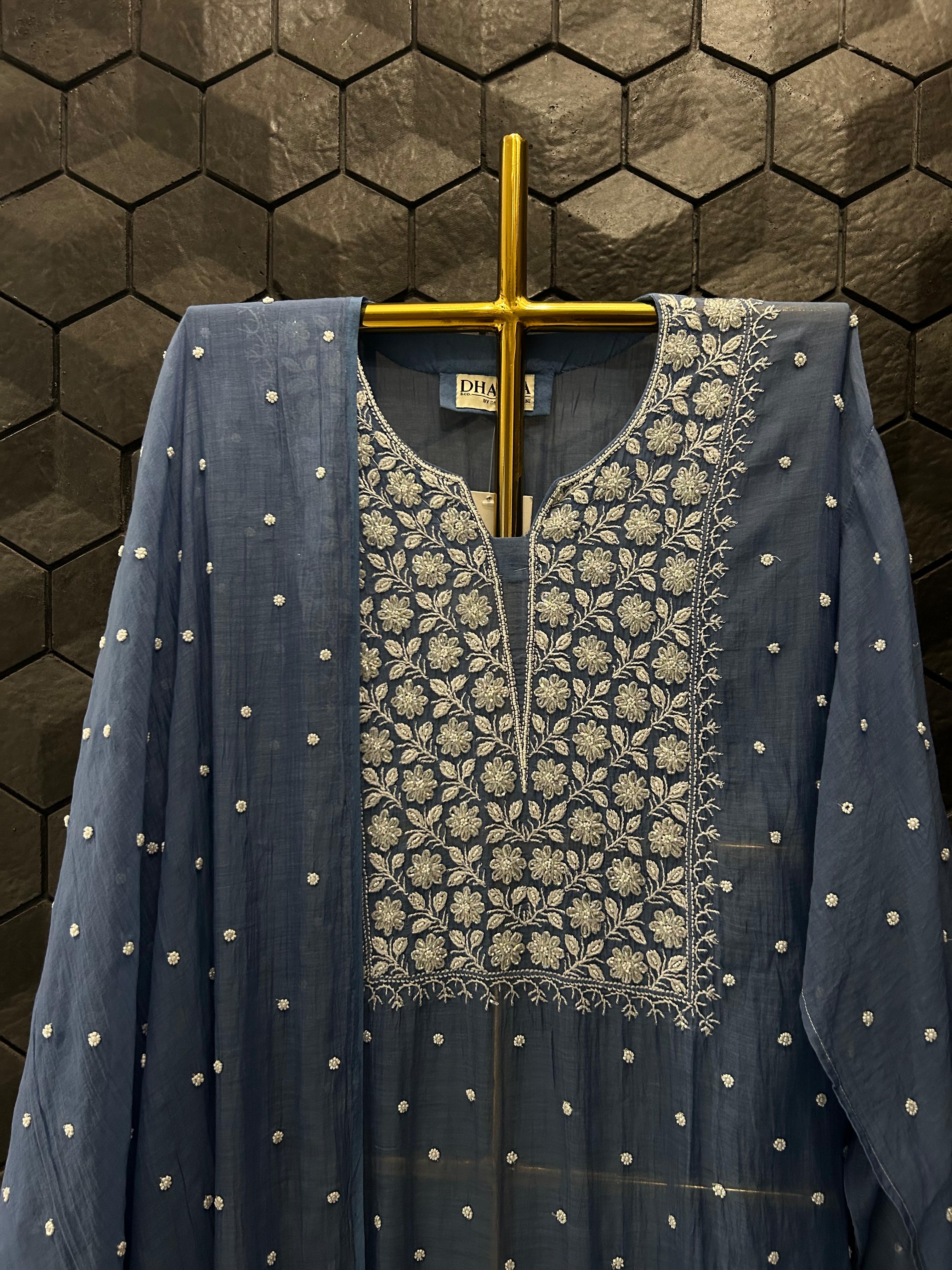 Cobalt blue mul chanderi chikankari kurta set
