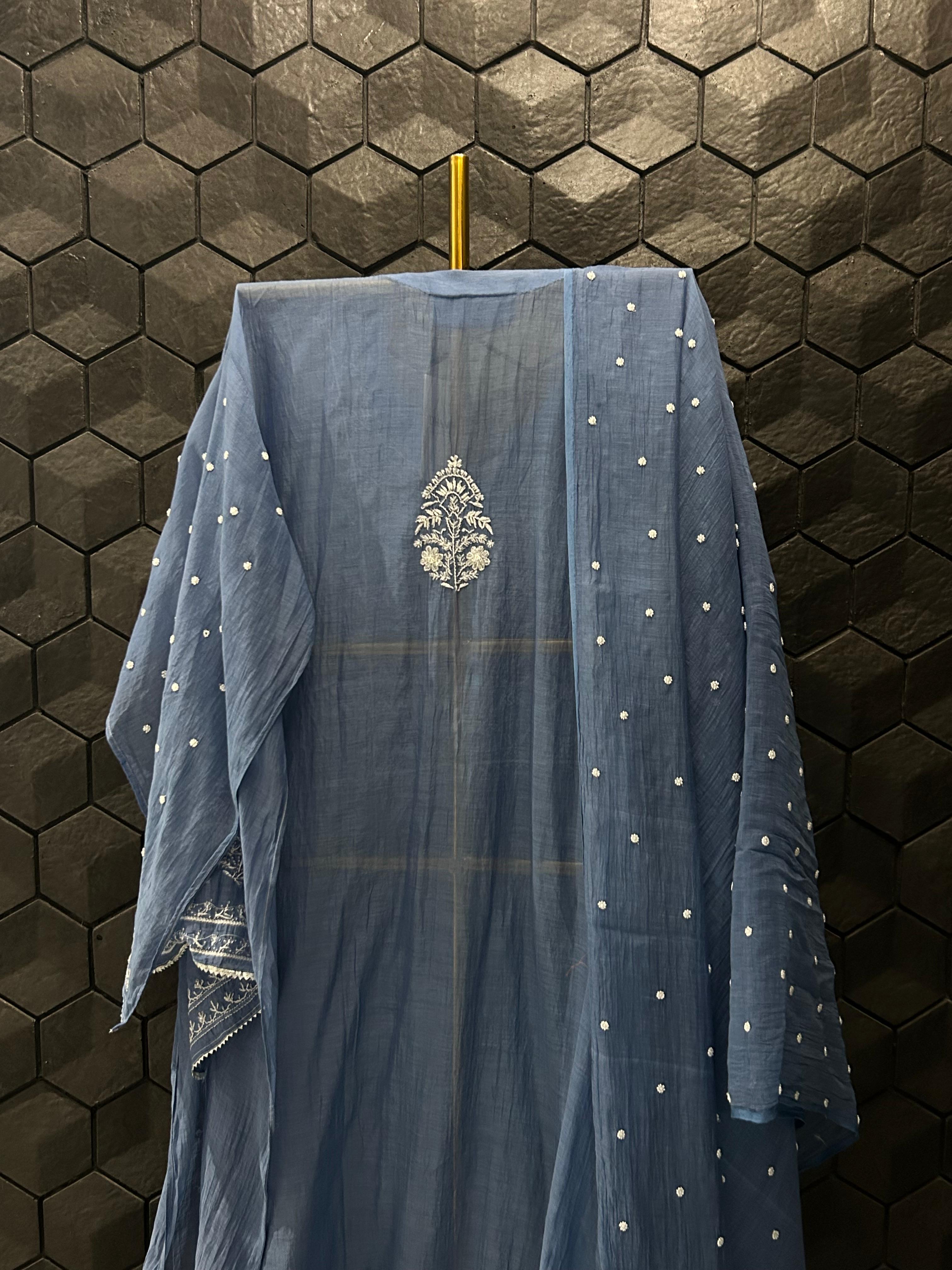 Cobalt blue mul chanderi chikankari kurta set