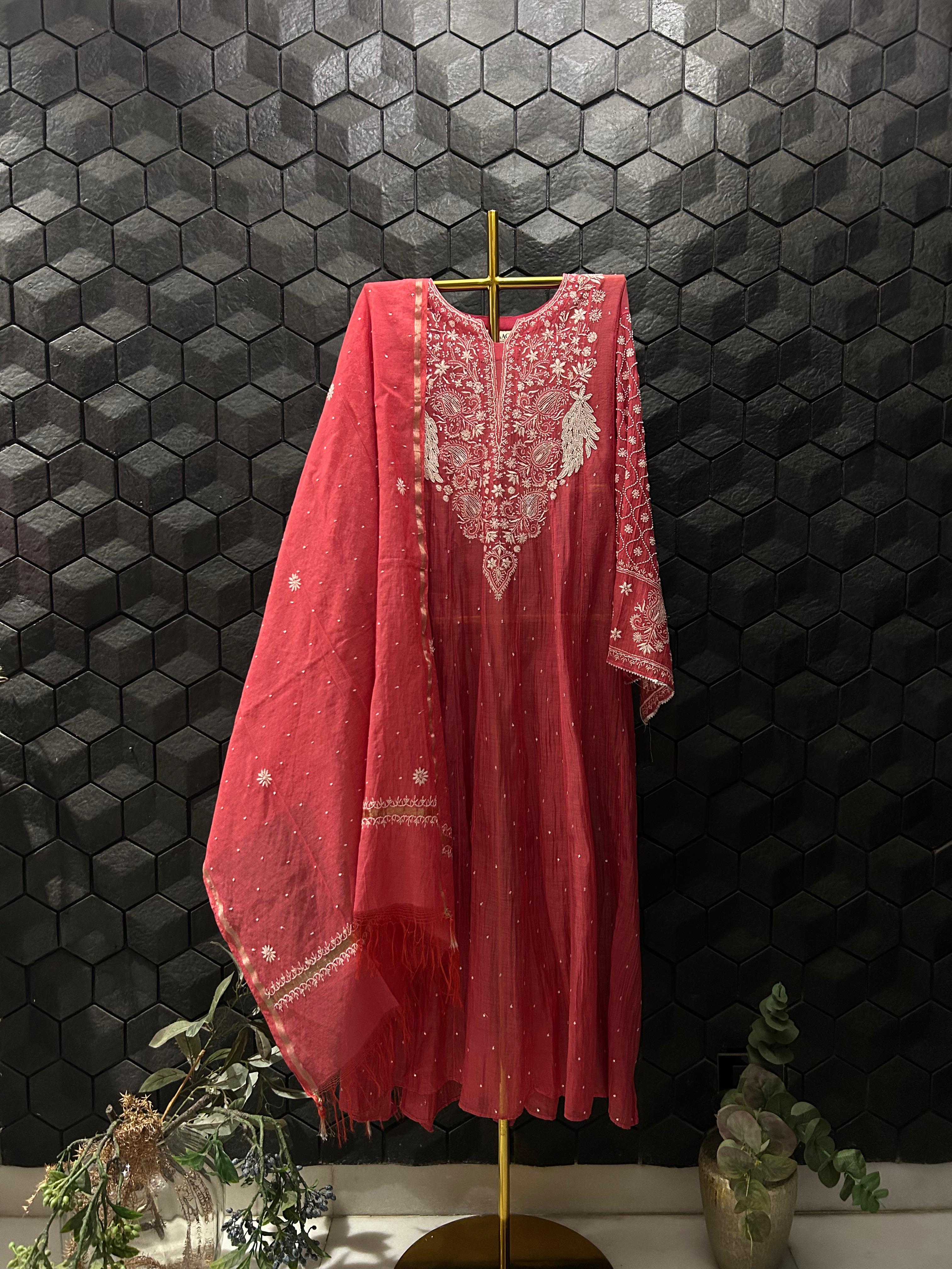Magenta mul chanderi chikankari anarkali set