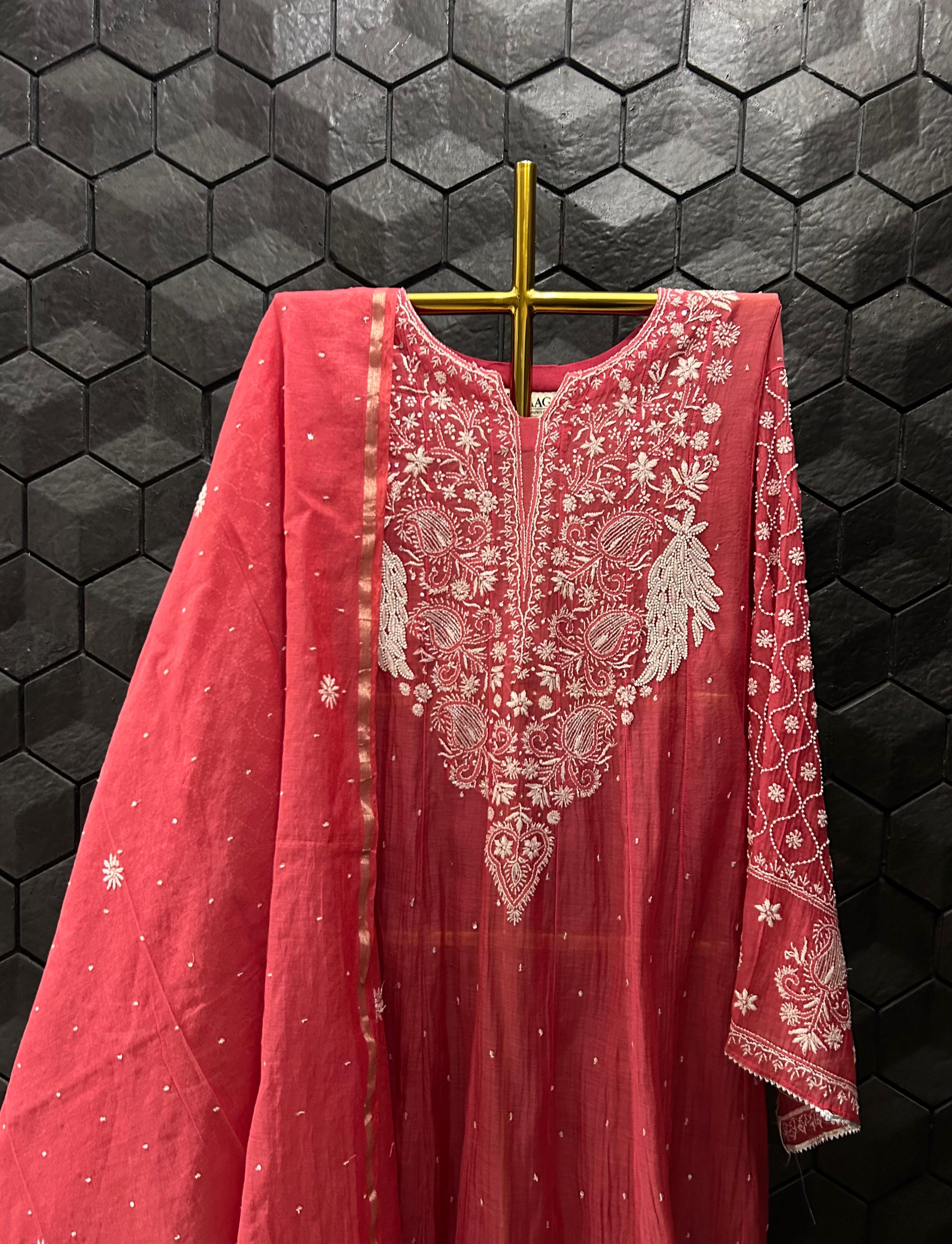 Magenta mul chanderi chikankari anarkali set