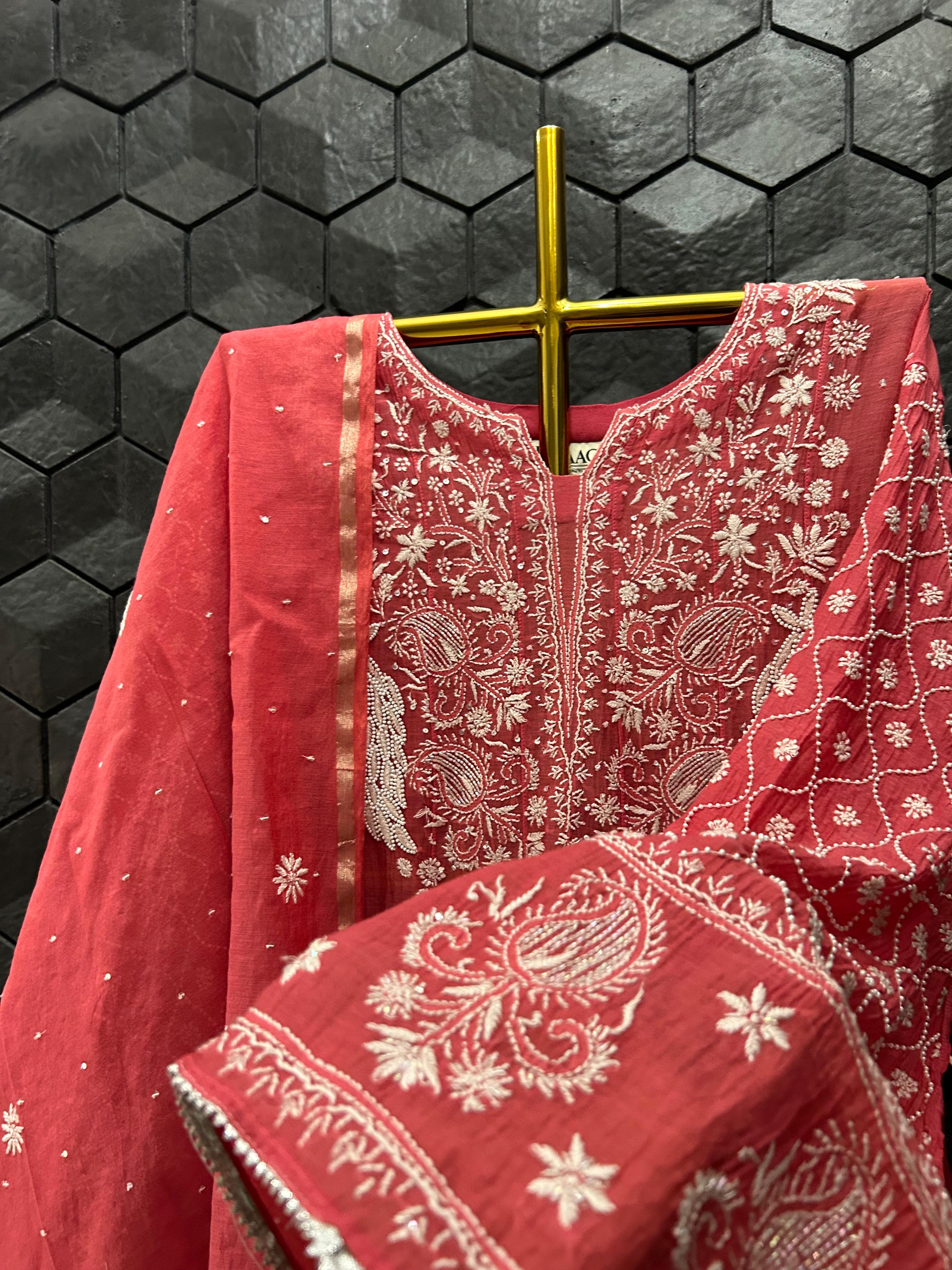 Magenta mul chanderi chikankari anarkali set