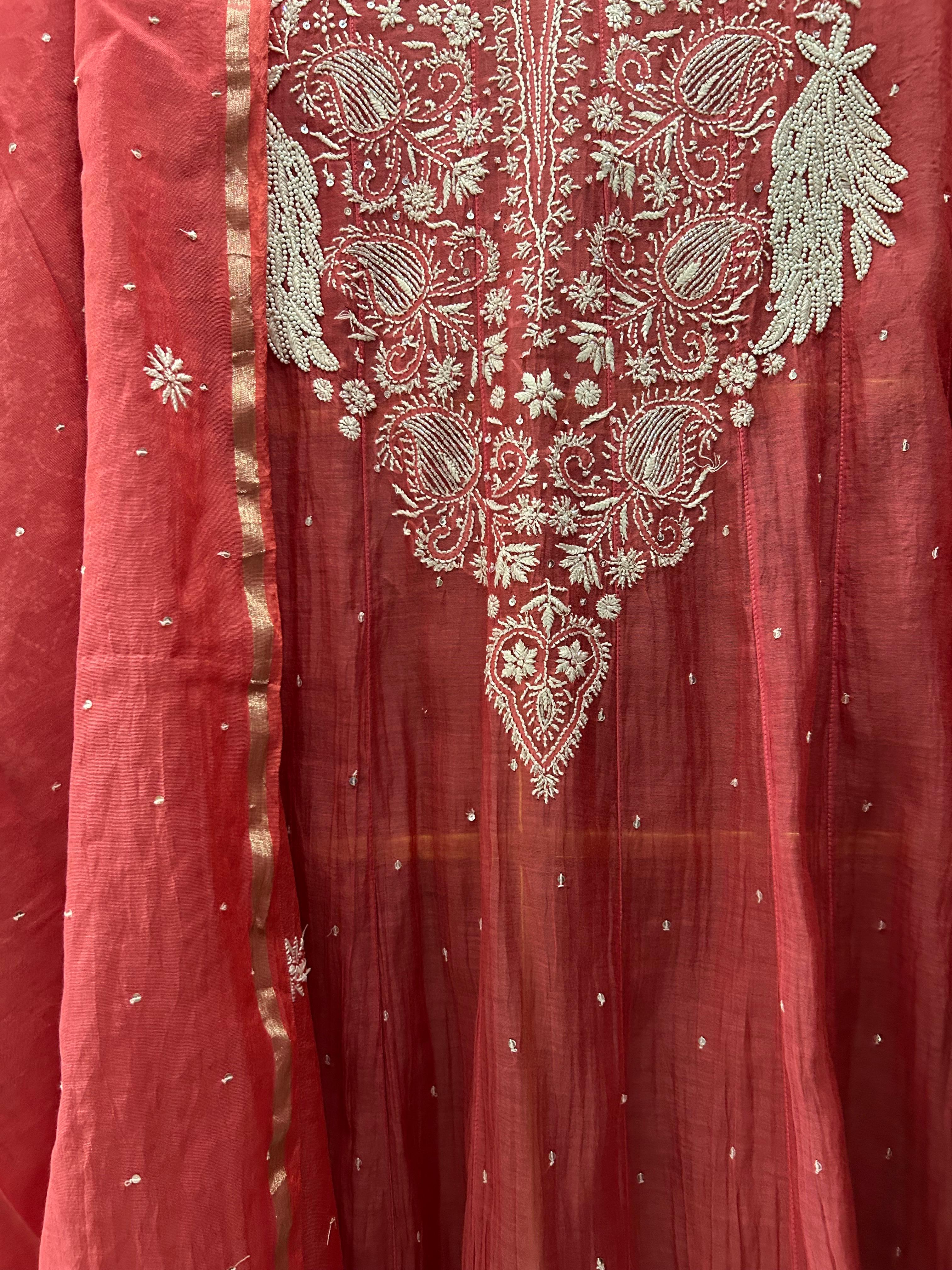 Magenta mul chanderi chikankari anarkali set
