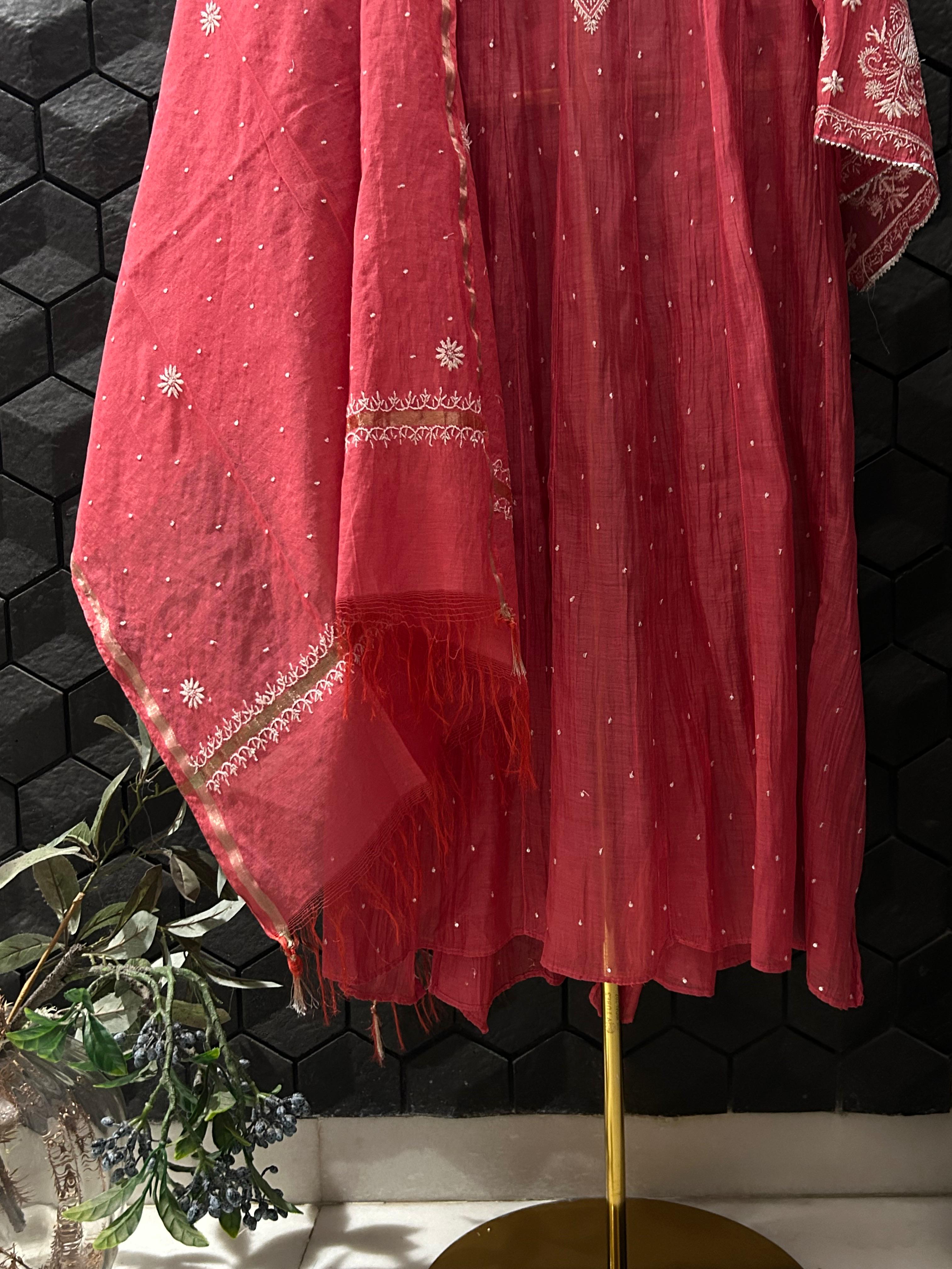 Magenta mul chanderi chikankari anarkali set