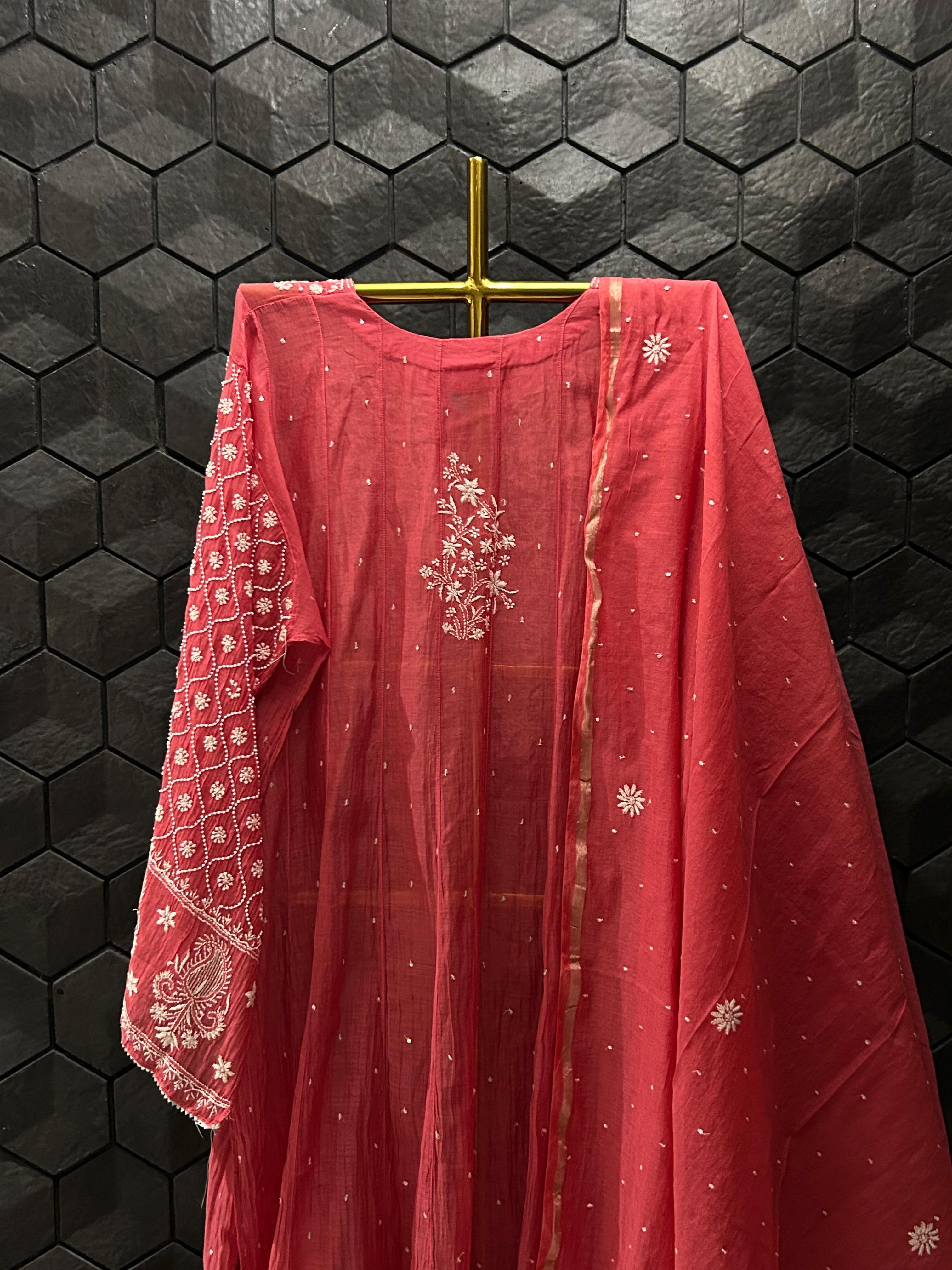 Magenta mul chanderi chikankari anarkali set