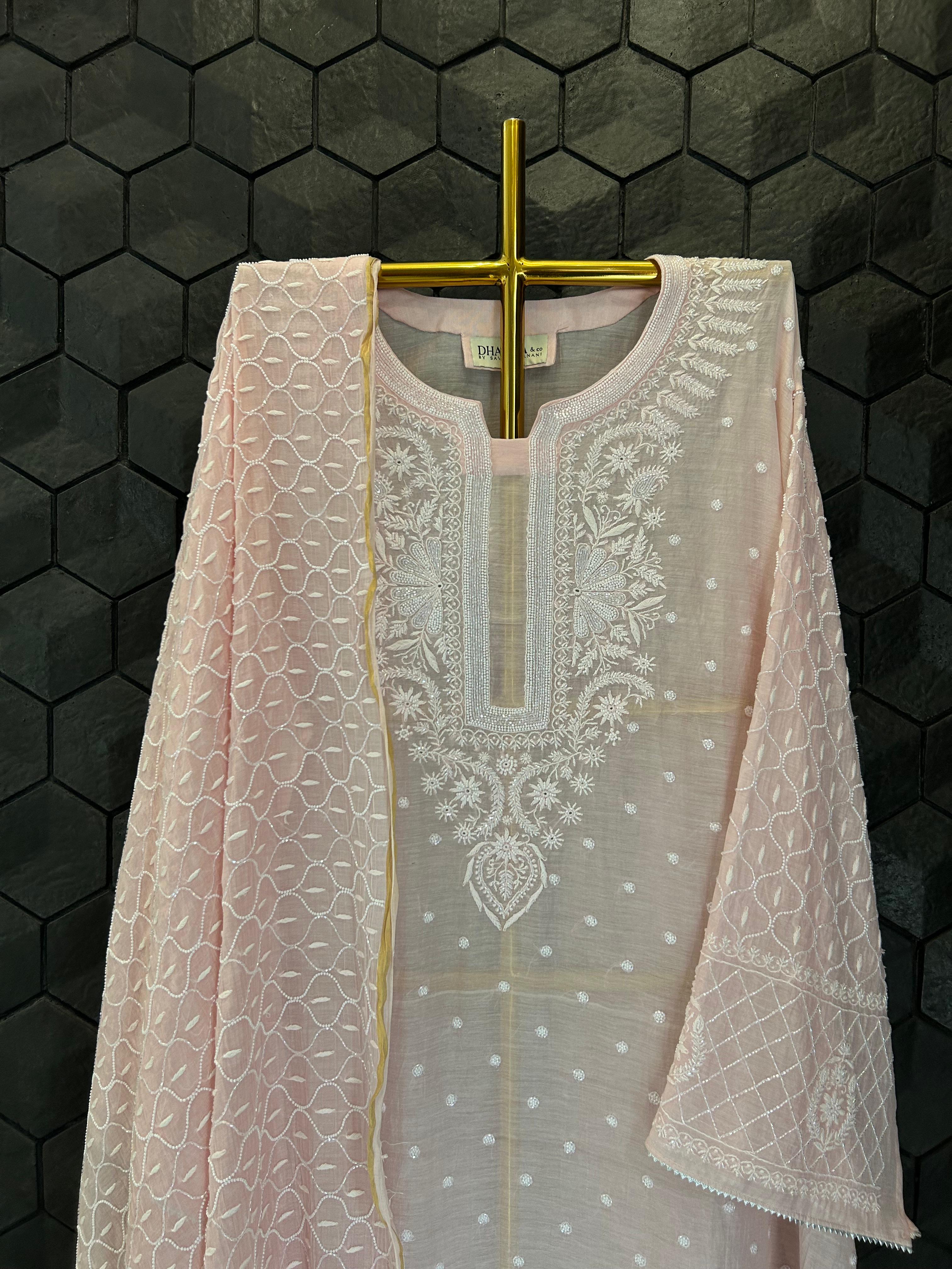 Pink mul chanderi chikankari kurta set