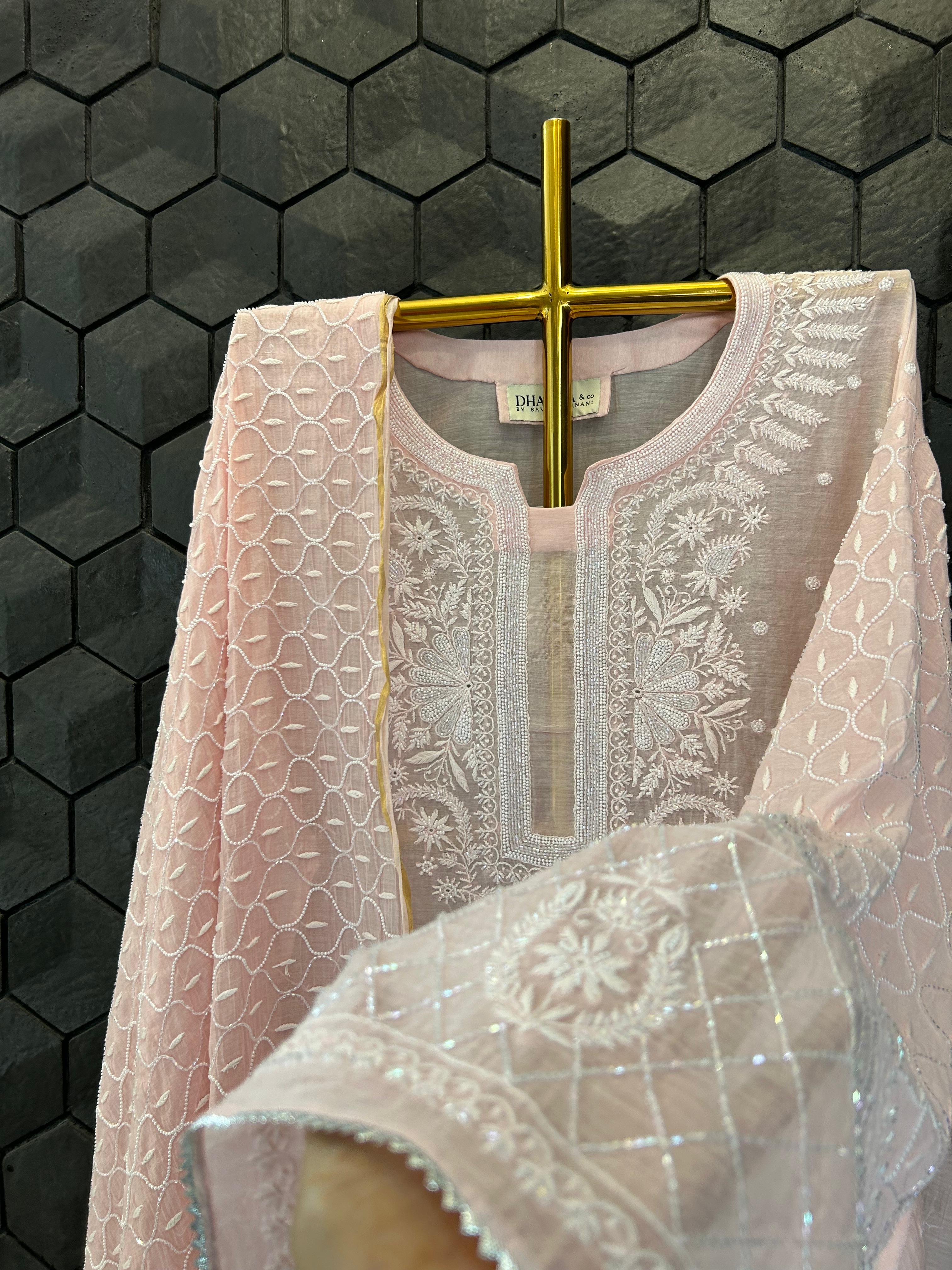 Pink mul chanderi chikankari kurta set