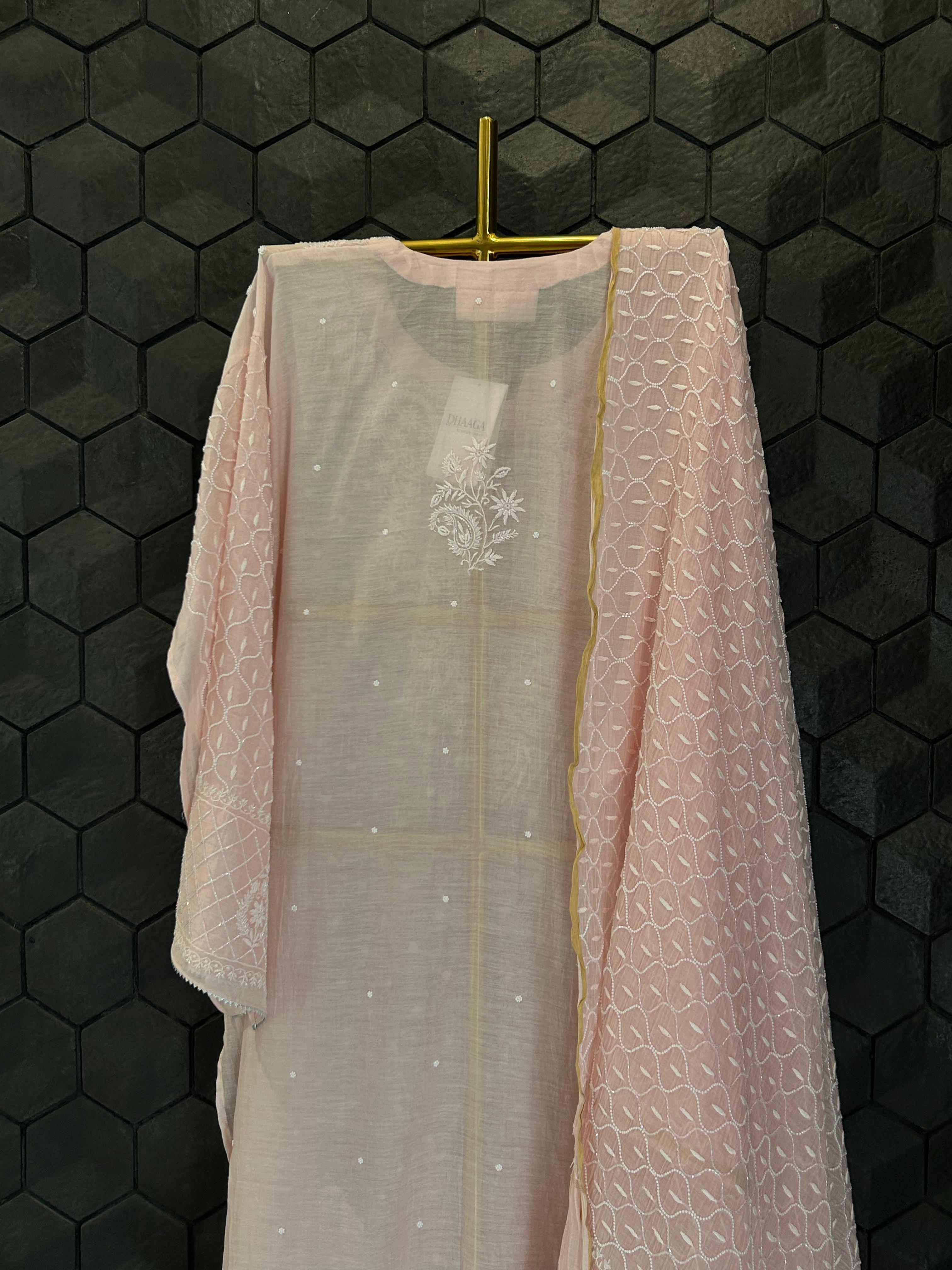 Pink mul chanderi chikankari kurta set