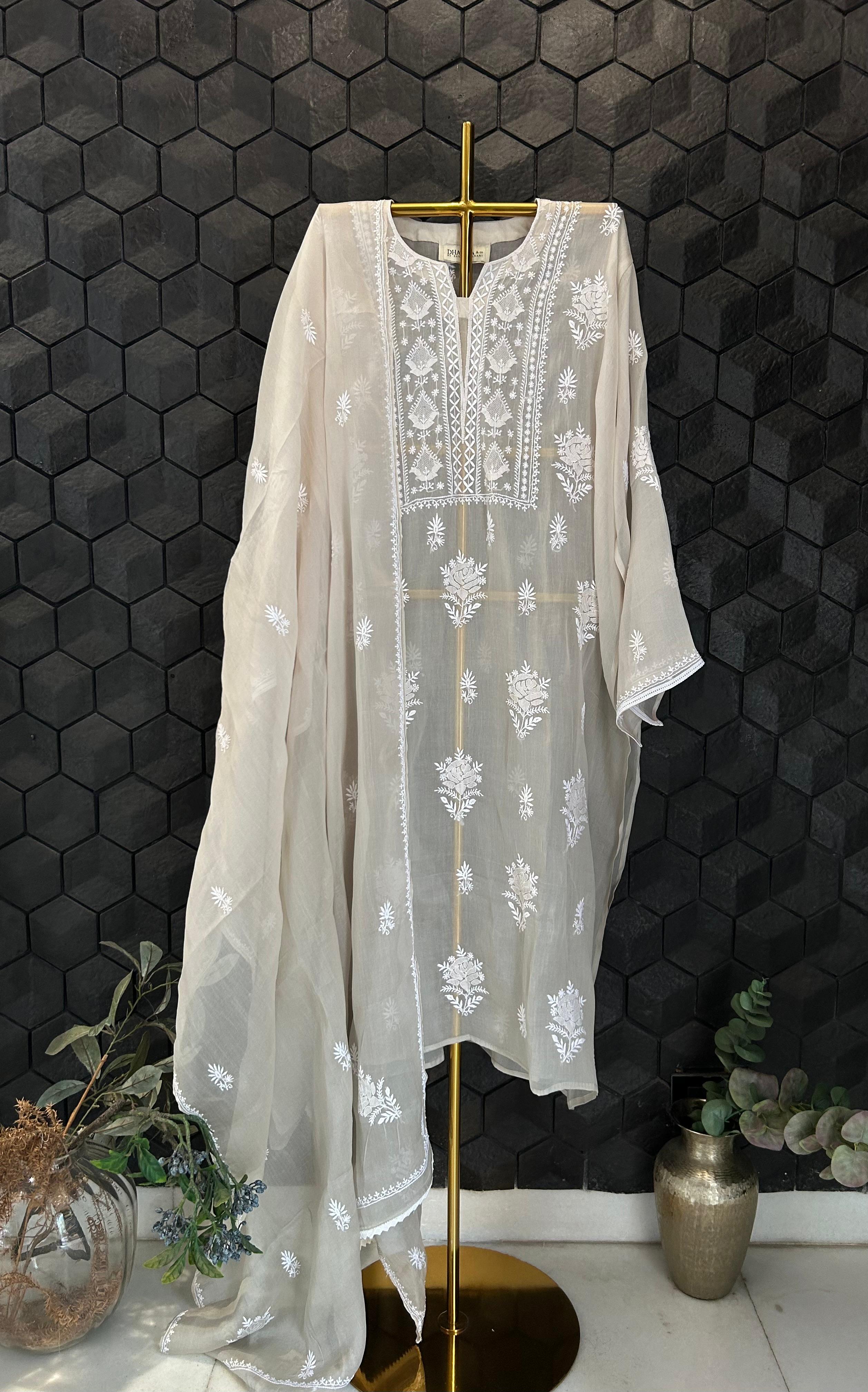 Brown organza chikankari kurta set