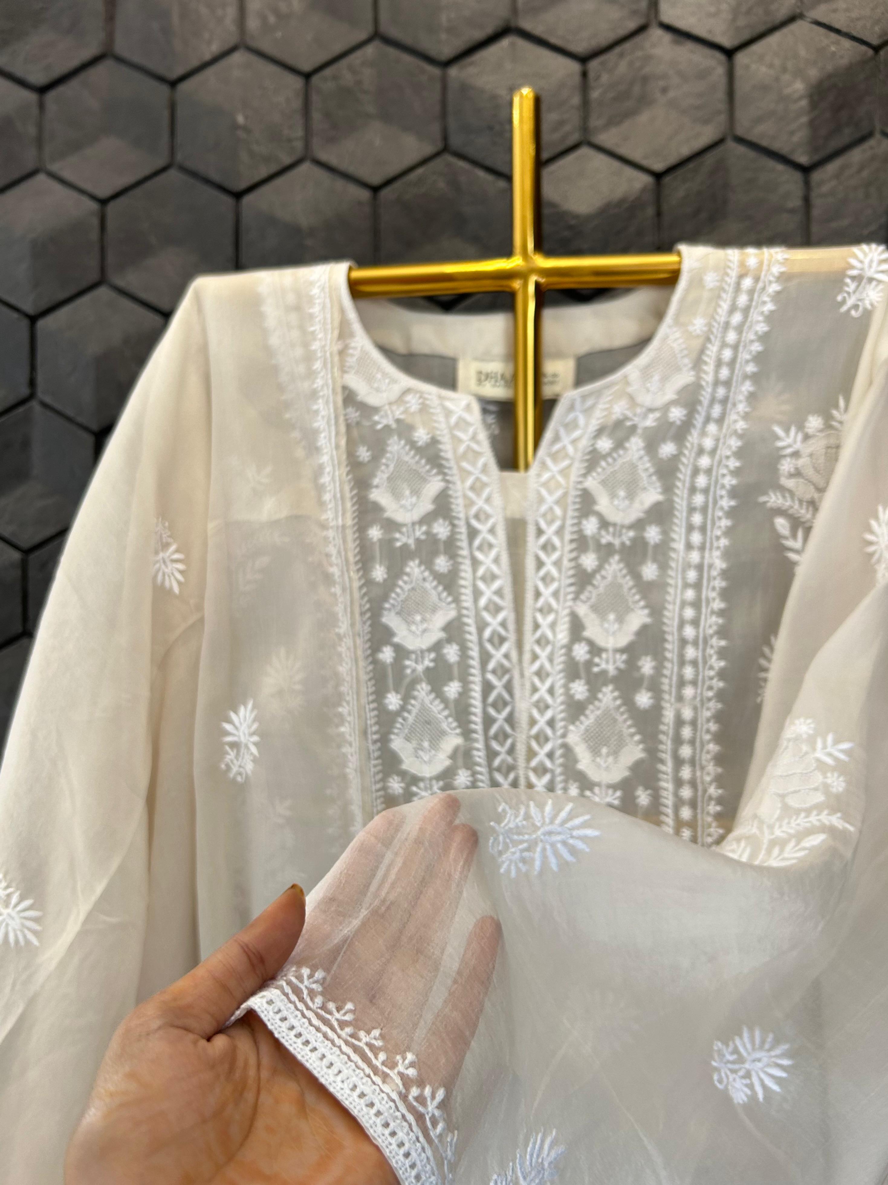 Brown organza chikankari kurta set
