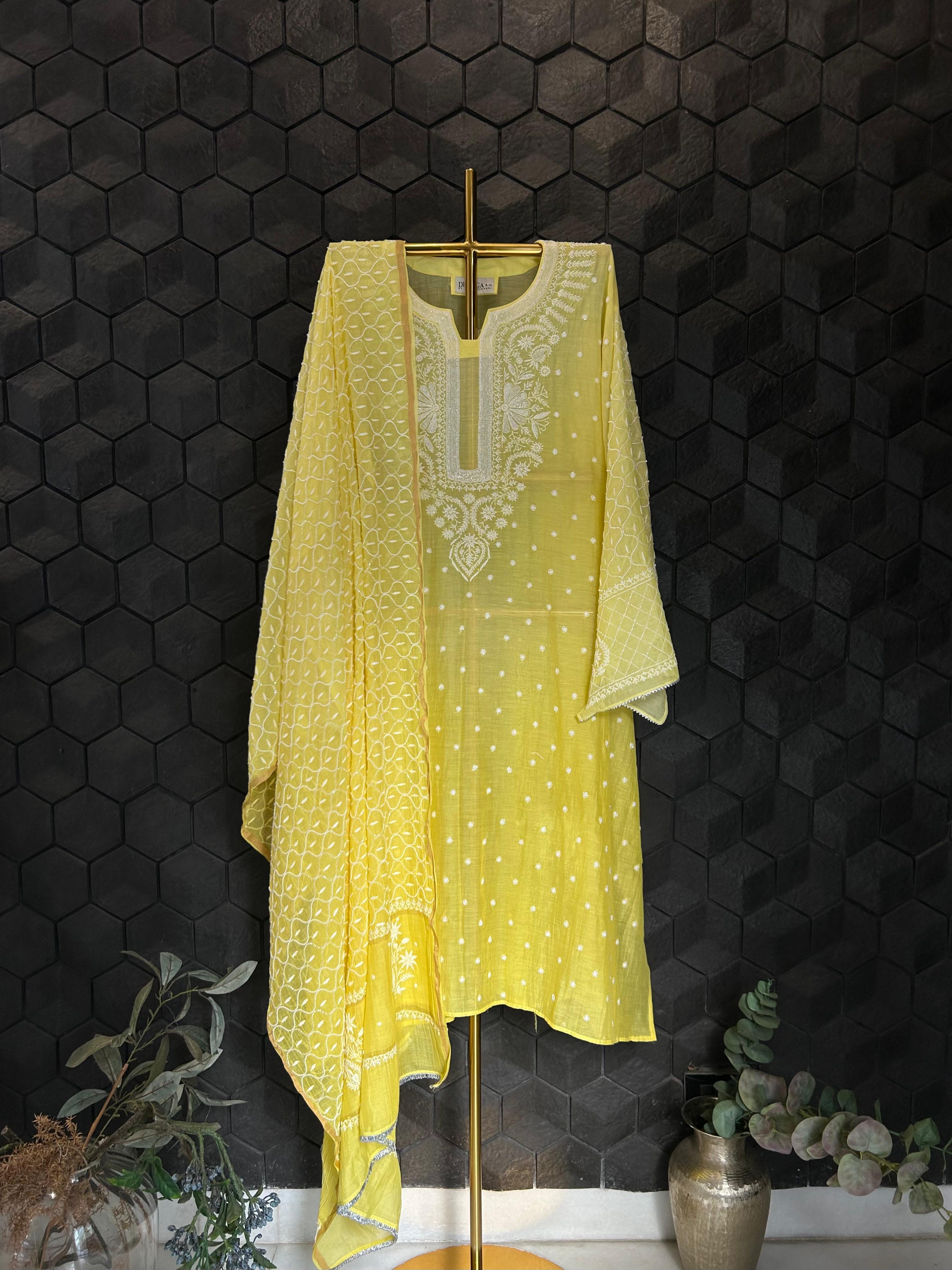 Lime green mul chanderi chikanakri kurta set