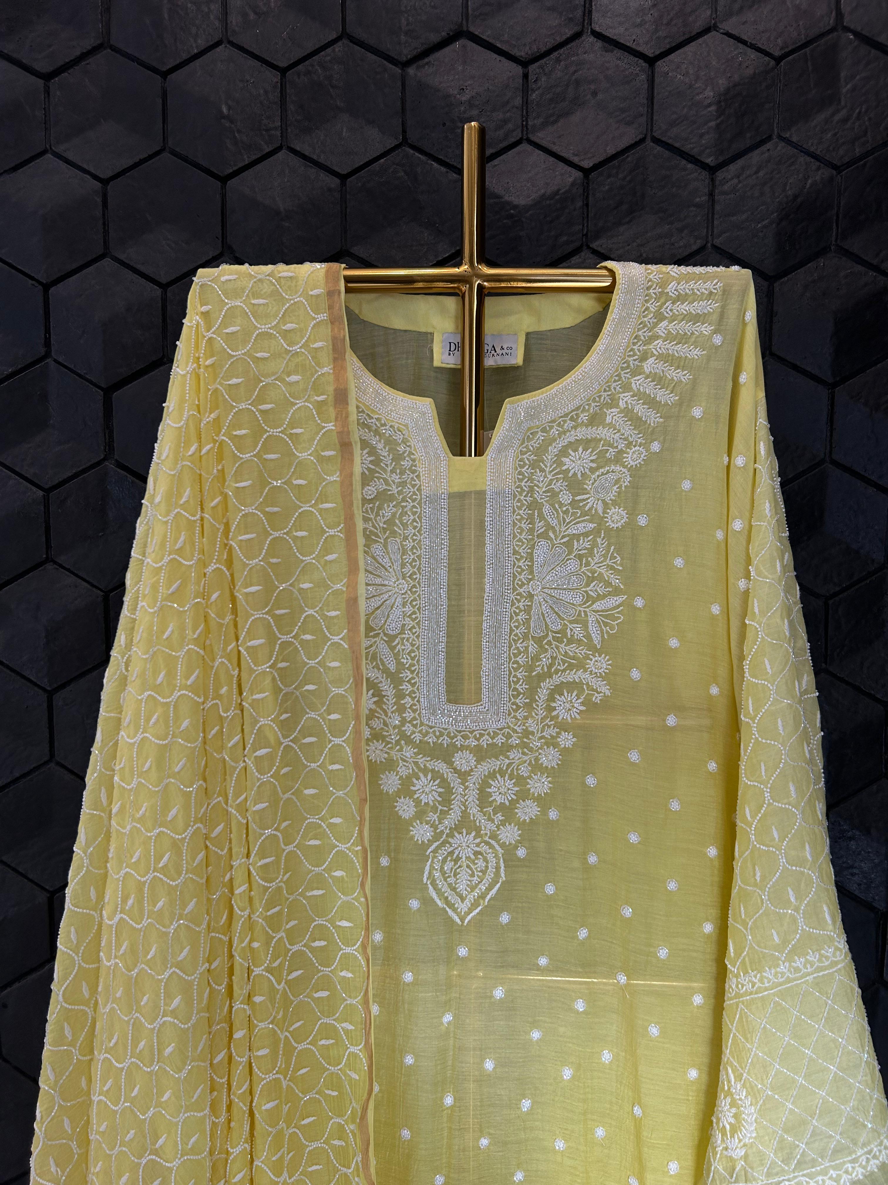 Lime green mul chanderi chikanakri kurta set