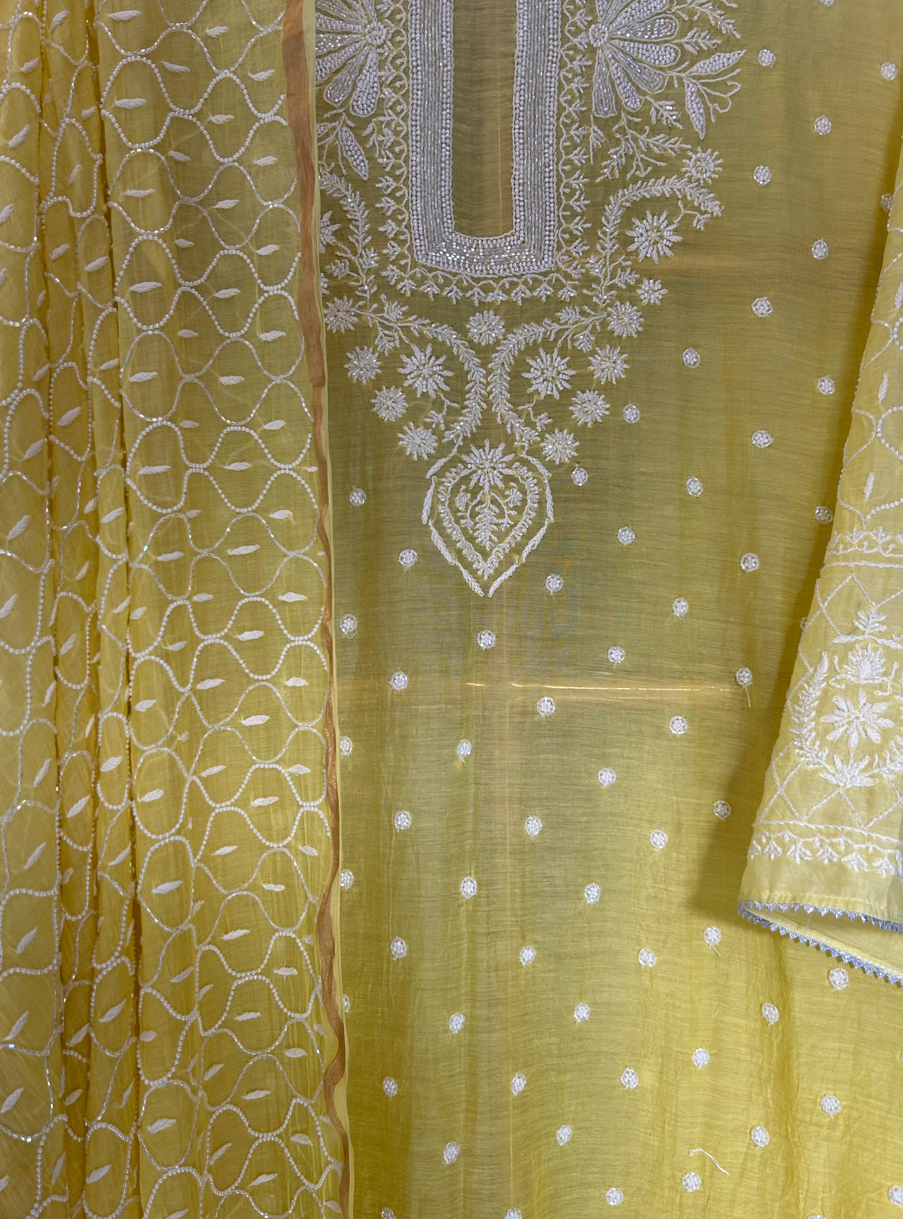 Lime green mul chanderi chikanakri kurta set