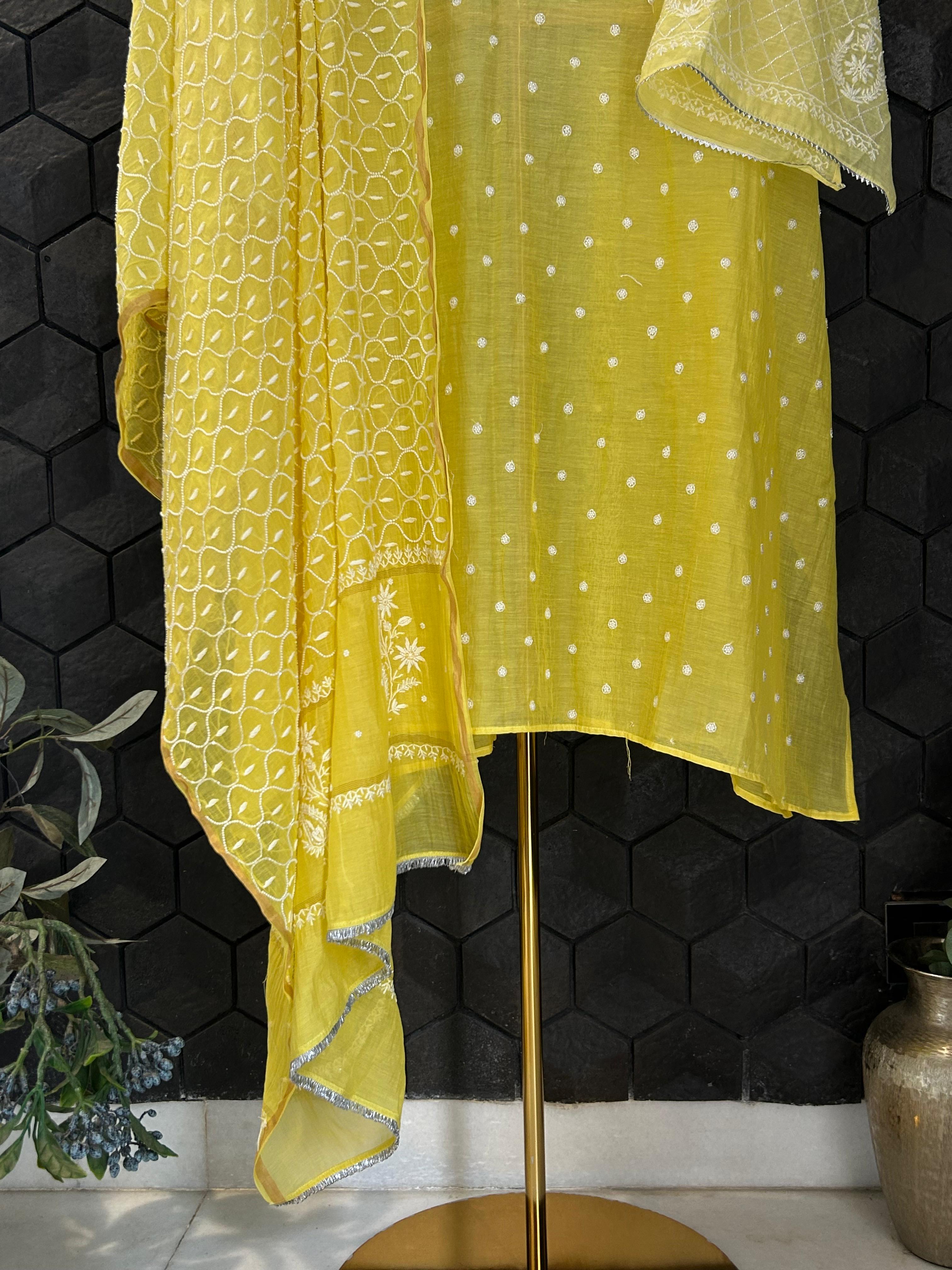 Lime green mul chanderi chikanakri kurta set