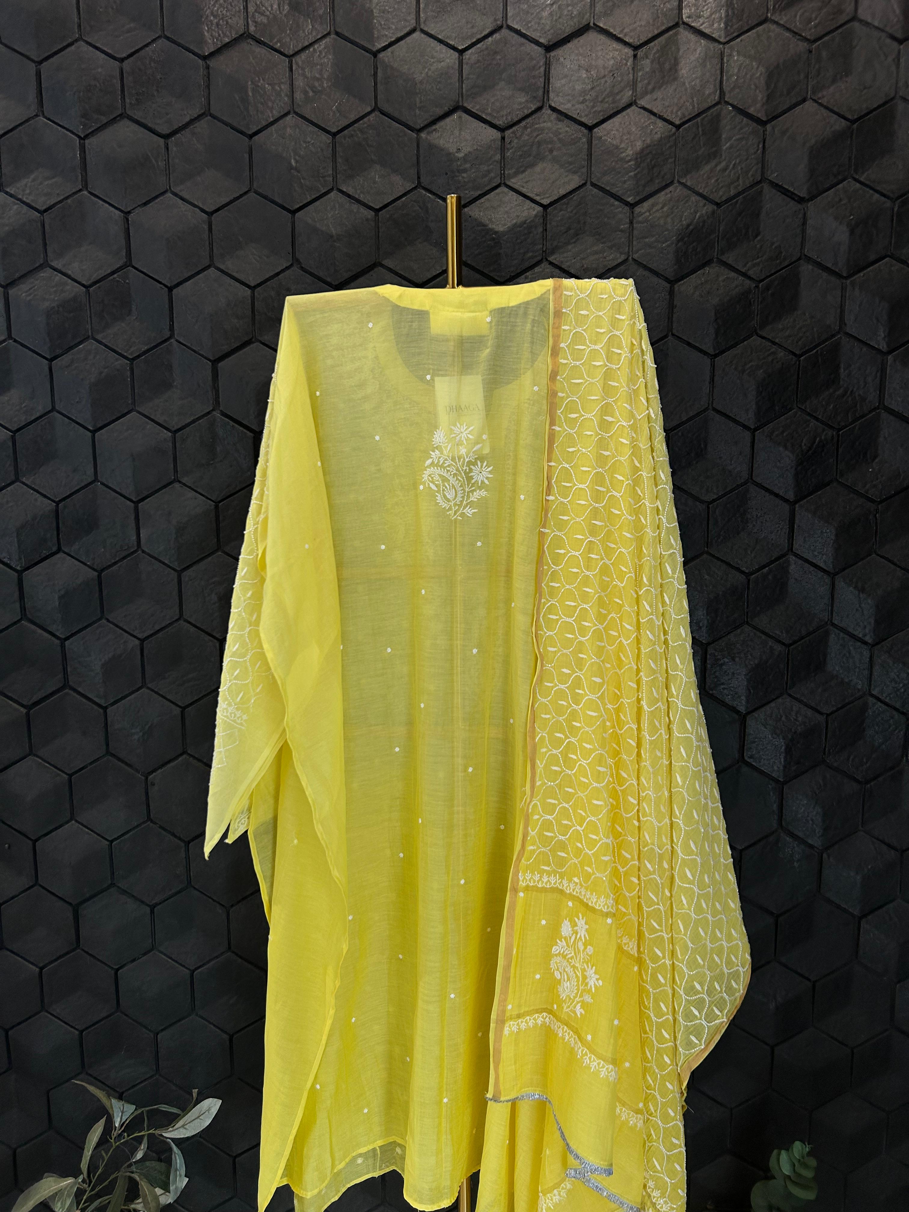 Lime green mul chanderi chikanakri kurta set