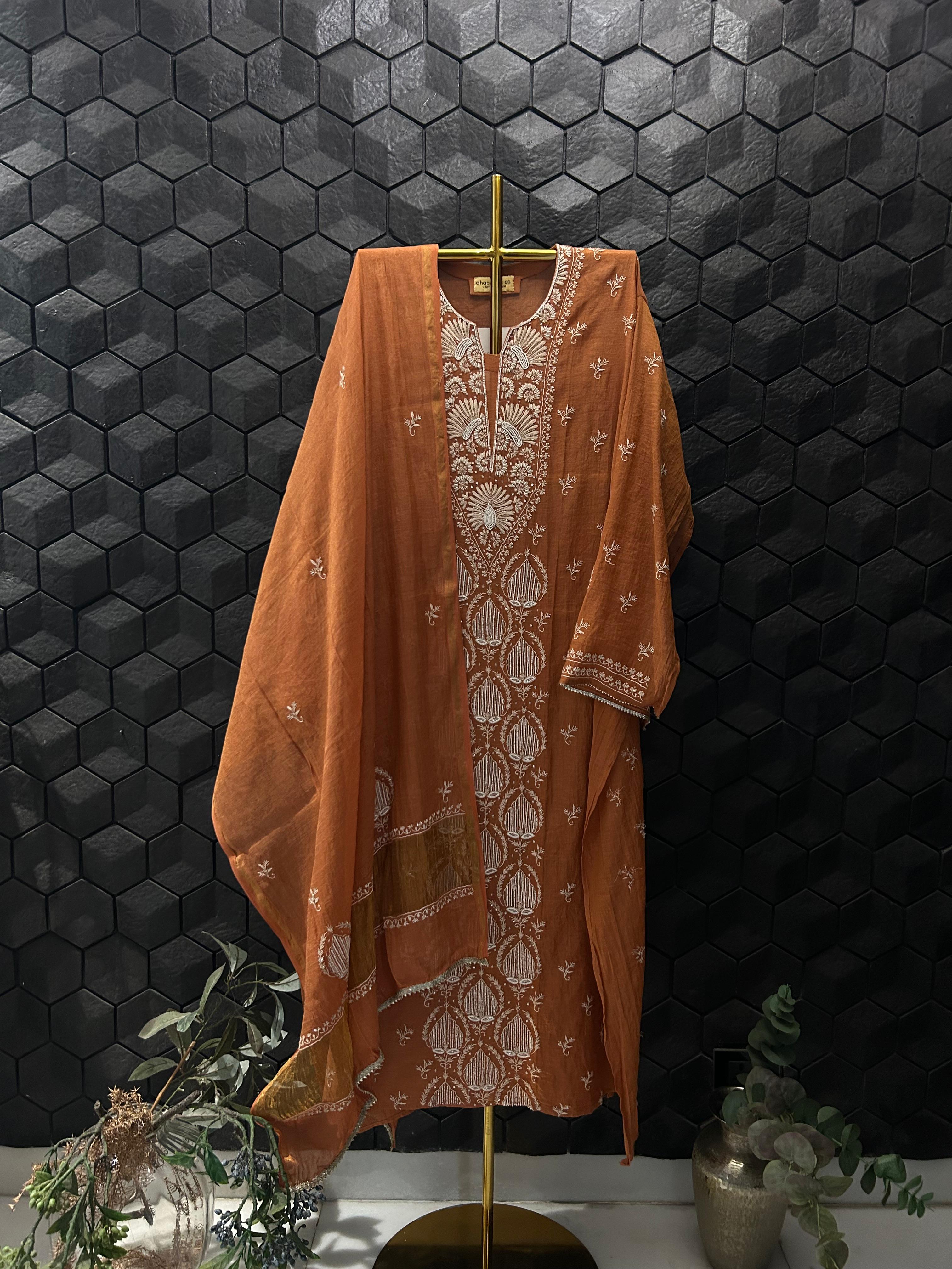 Rust tissue chikankari kurta set
