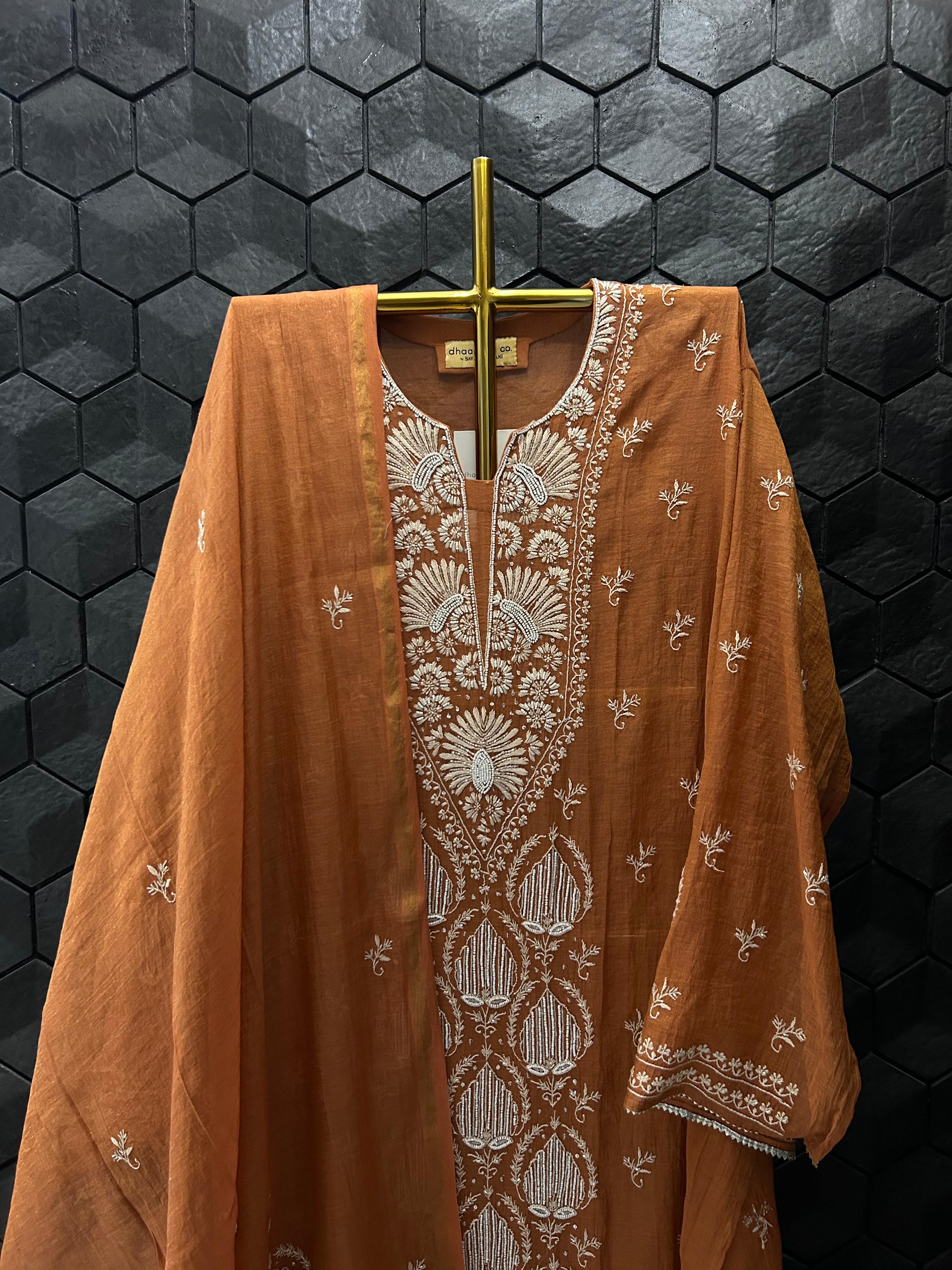 Rust tissue chikankari kurta set