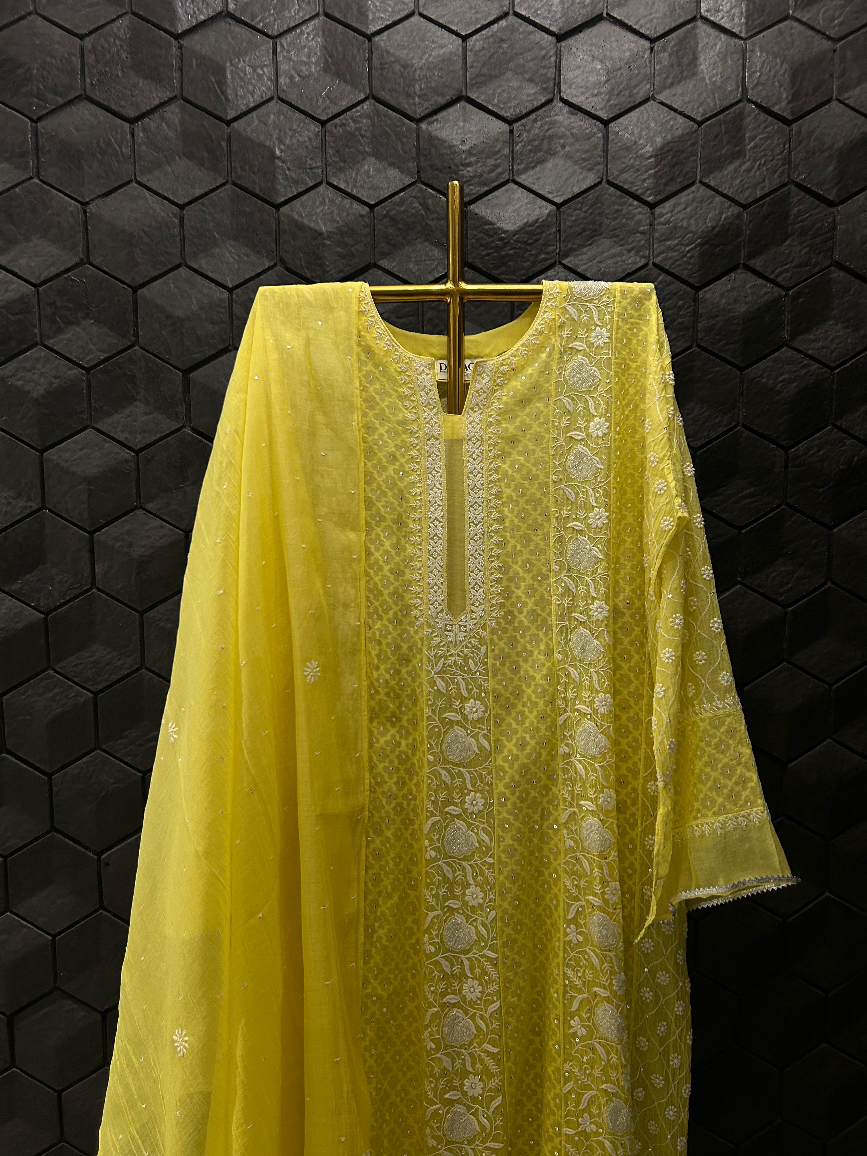 Lime green mul chanderi chikankari anarkali set