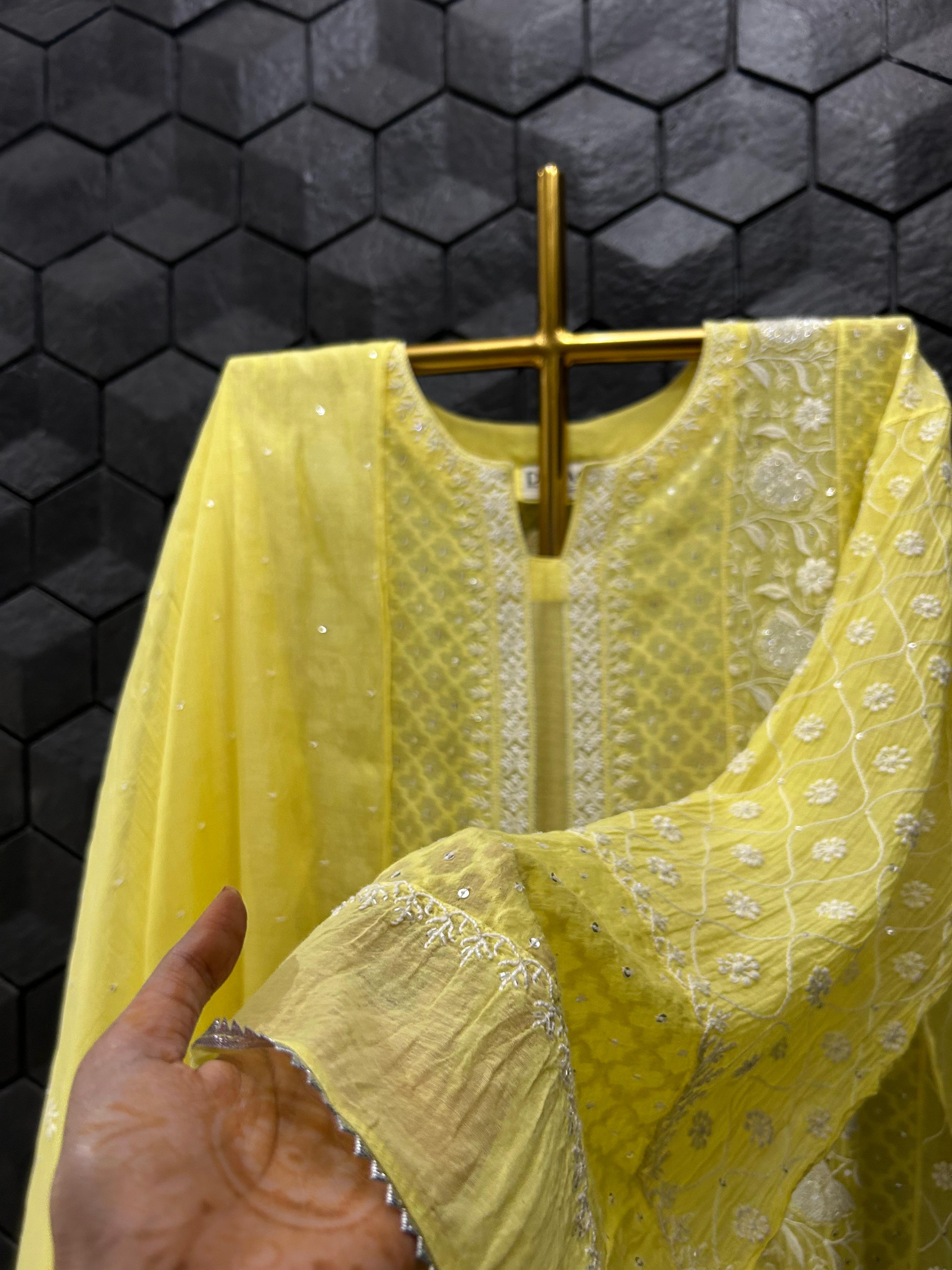 Lime green mul chanderi chikankari anarkali set