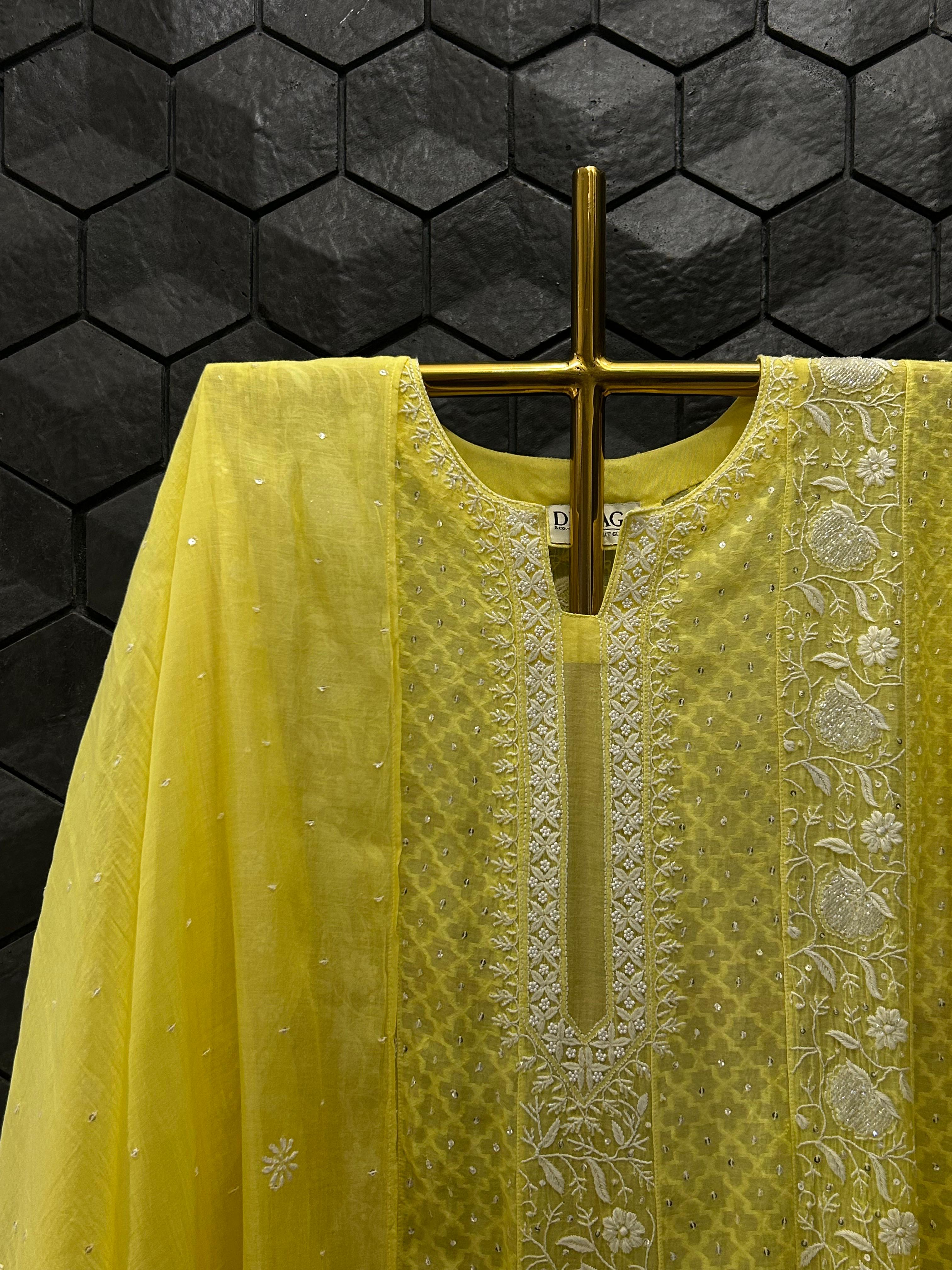 Lime green mul chanderi chikankari anarkali set