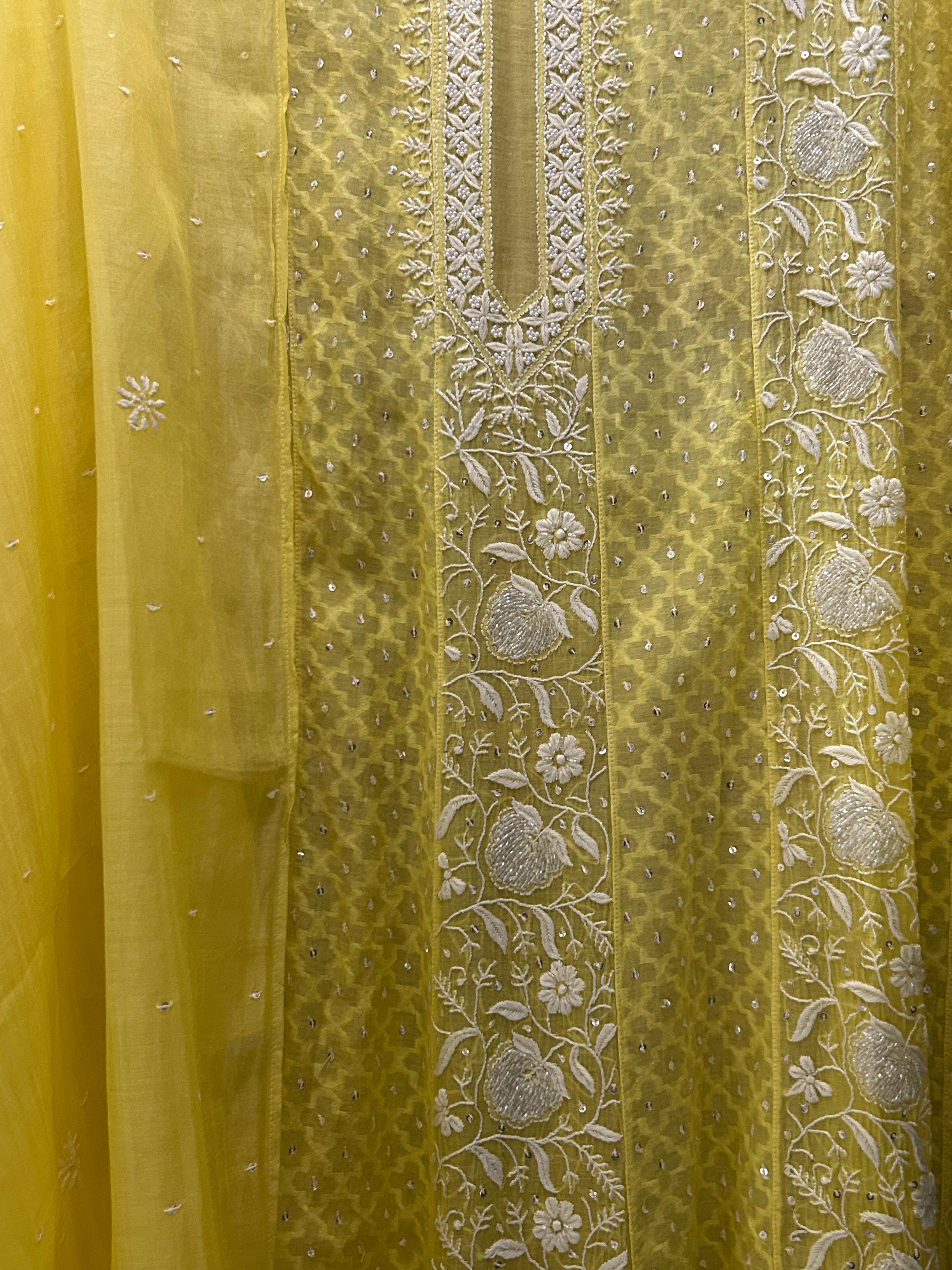 Lime green mul chanderi chikankari anarkali set