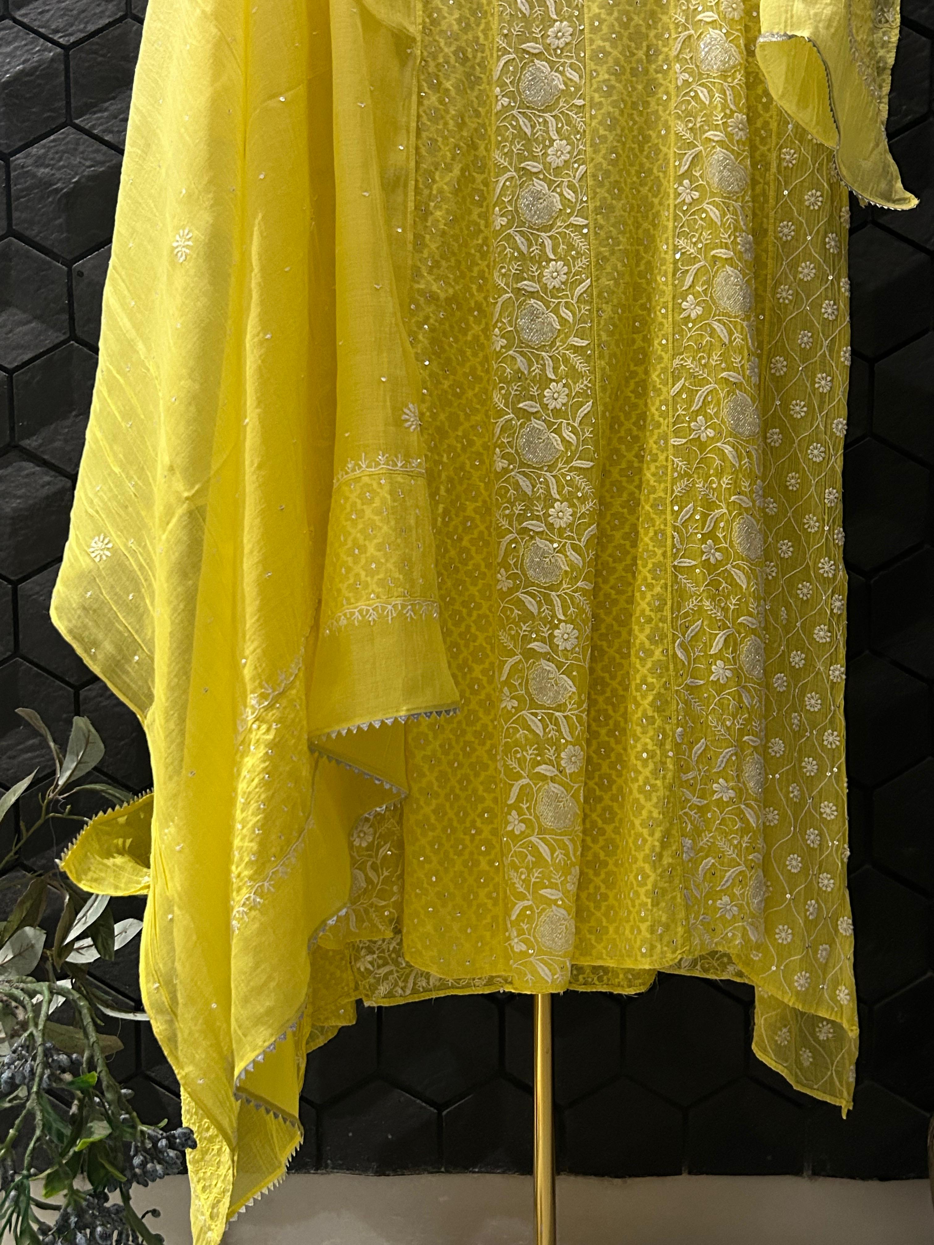 Lime green mul chanderi chikankari anarkali set
