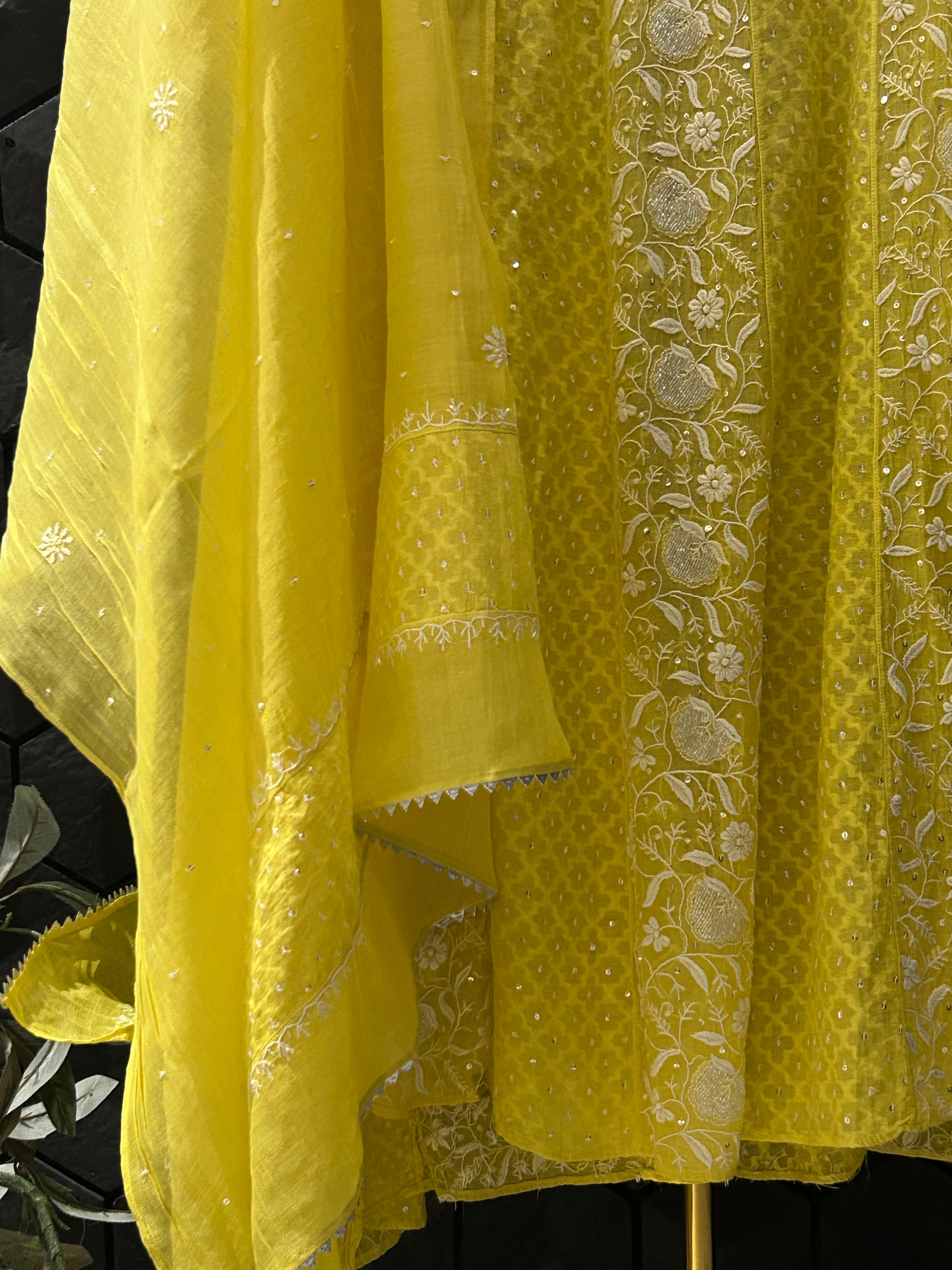 Lime green mul chanderi chikankari anarkali set