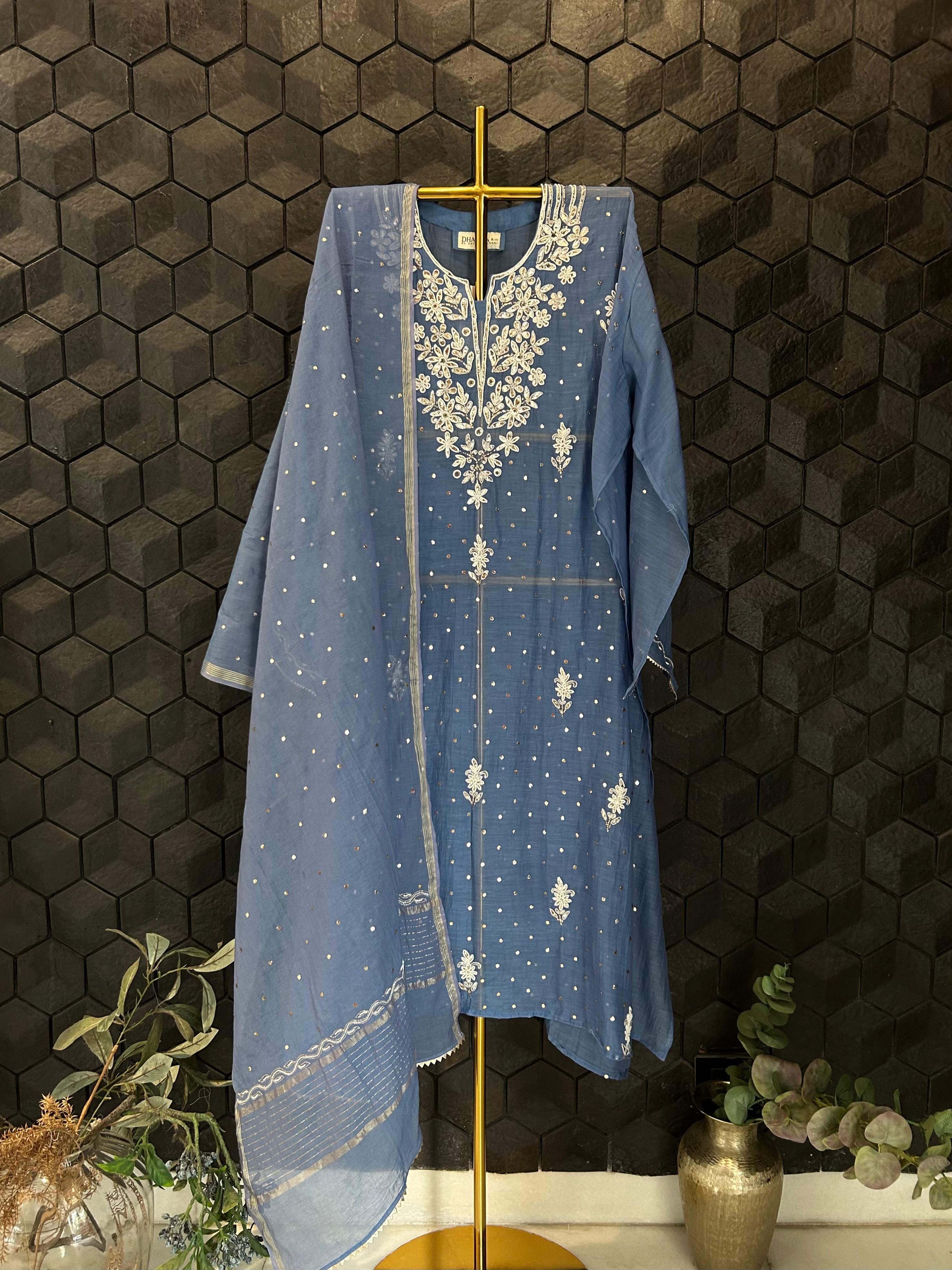 Blue mul chanderi chikankari kurta set