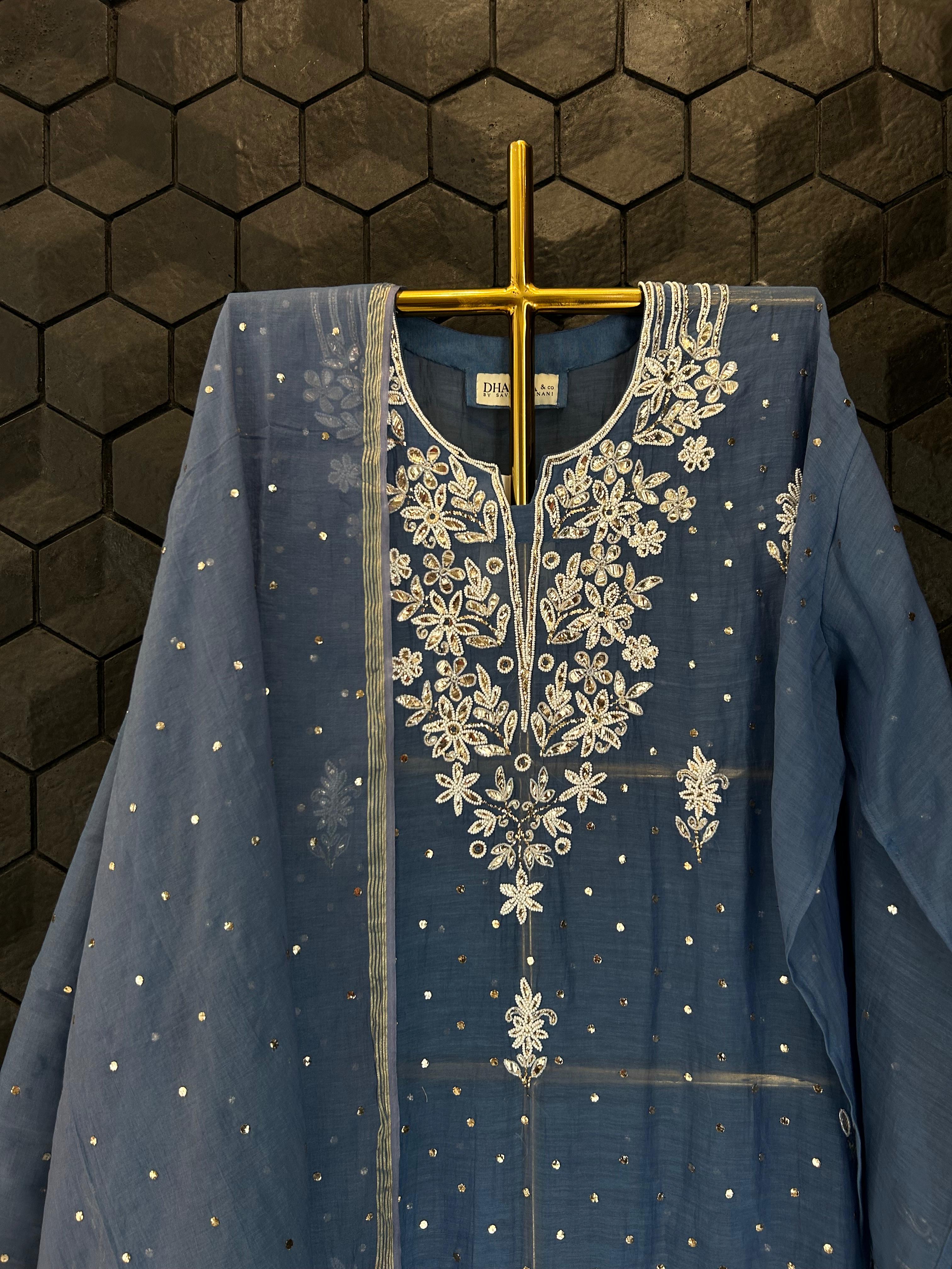 Blue mul chanderi chikankari kurta set
