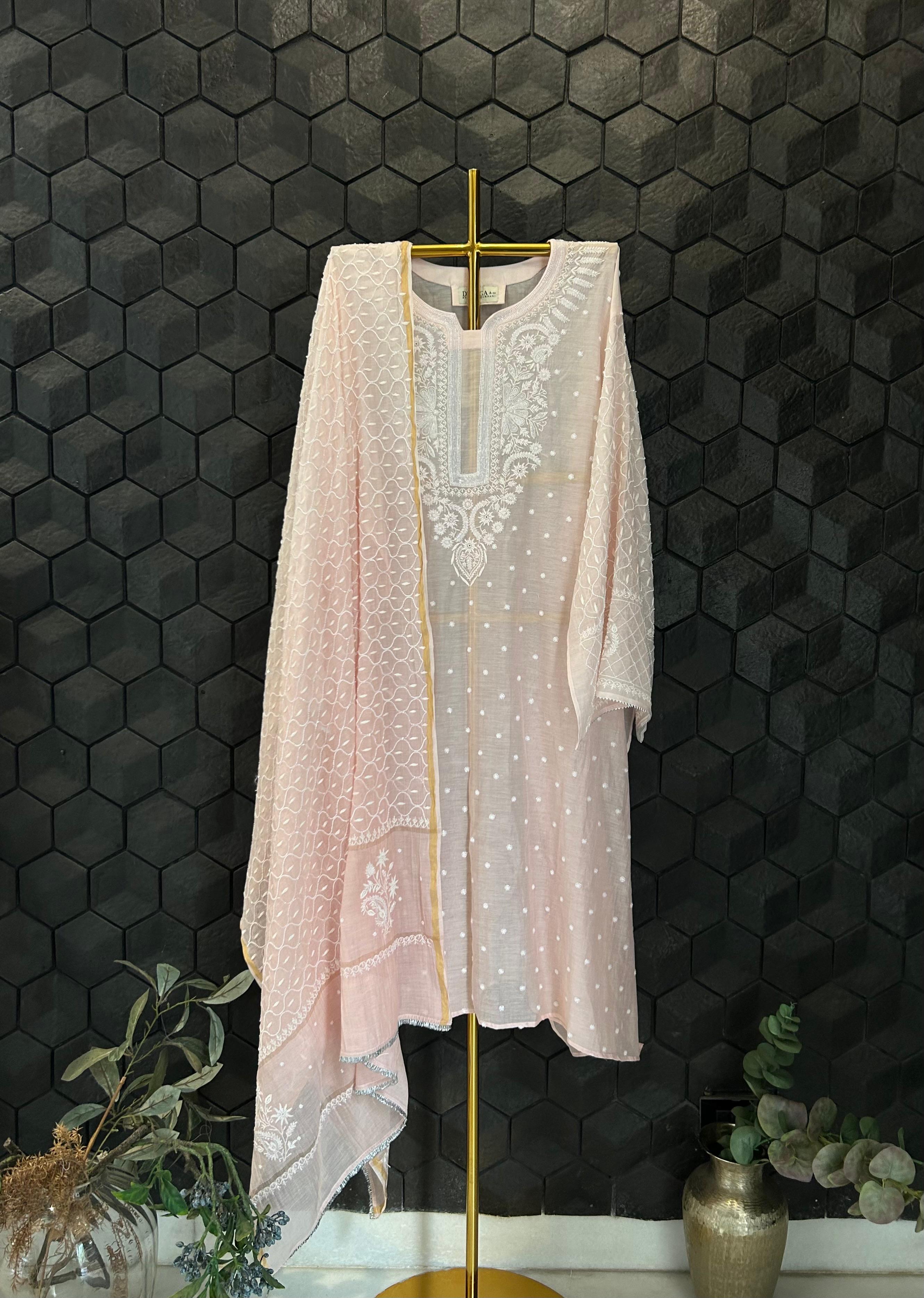 Pink Mul chanderi chikankari kurta set