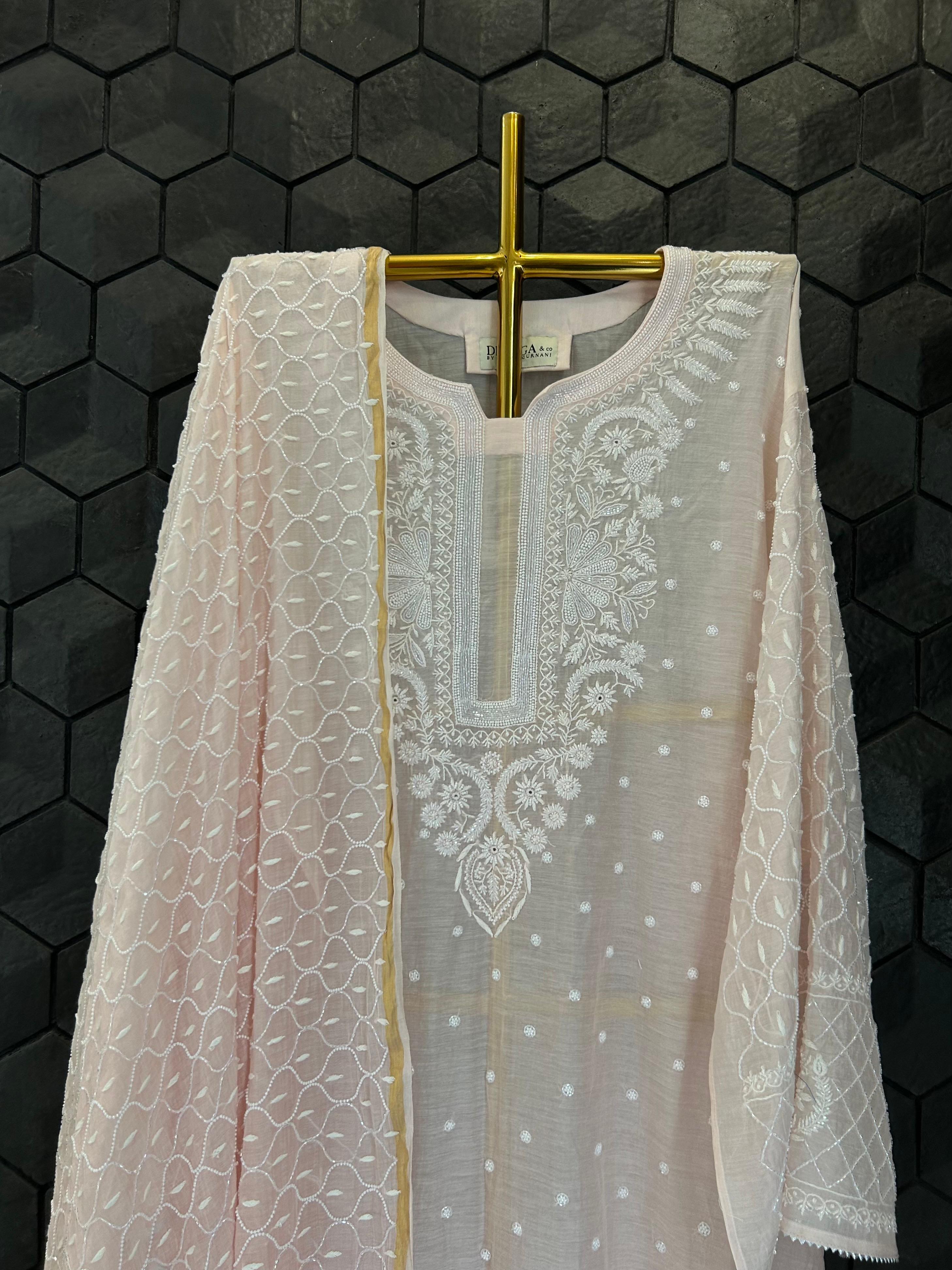 Pink Mul chanderi chikankari kurta set