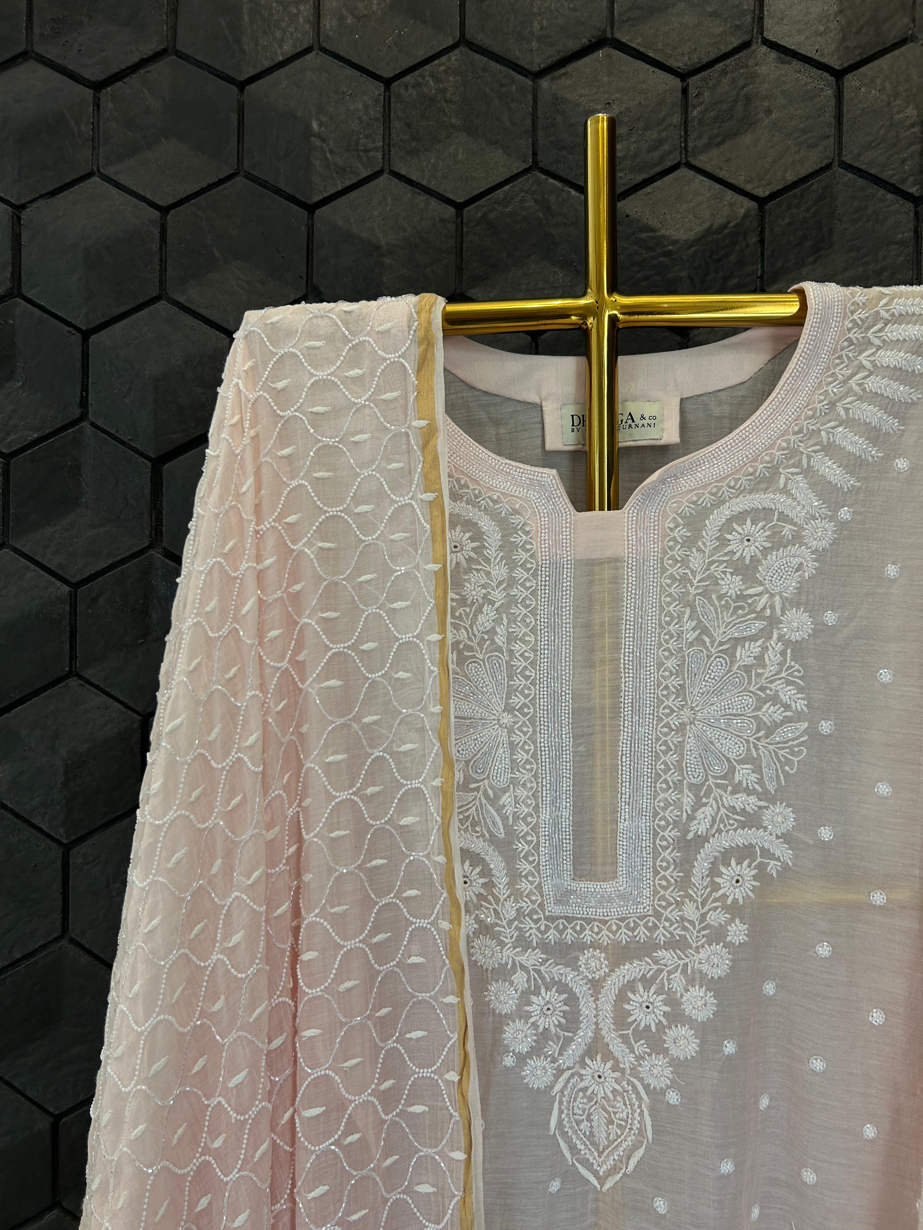 Pink Mul chanderi chikankari kurta set