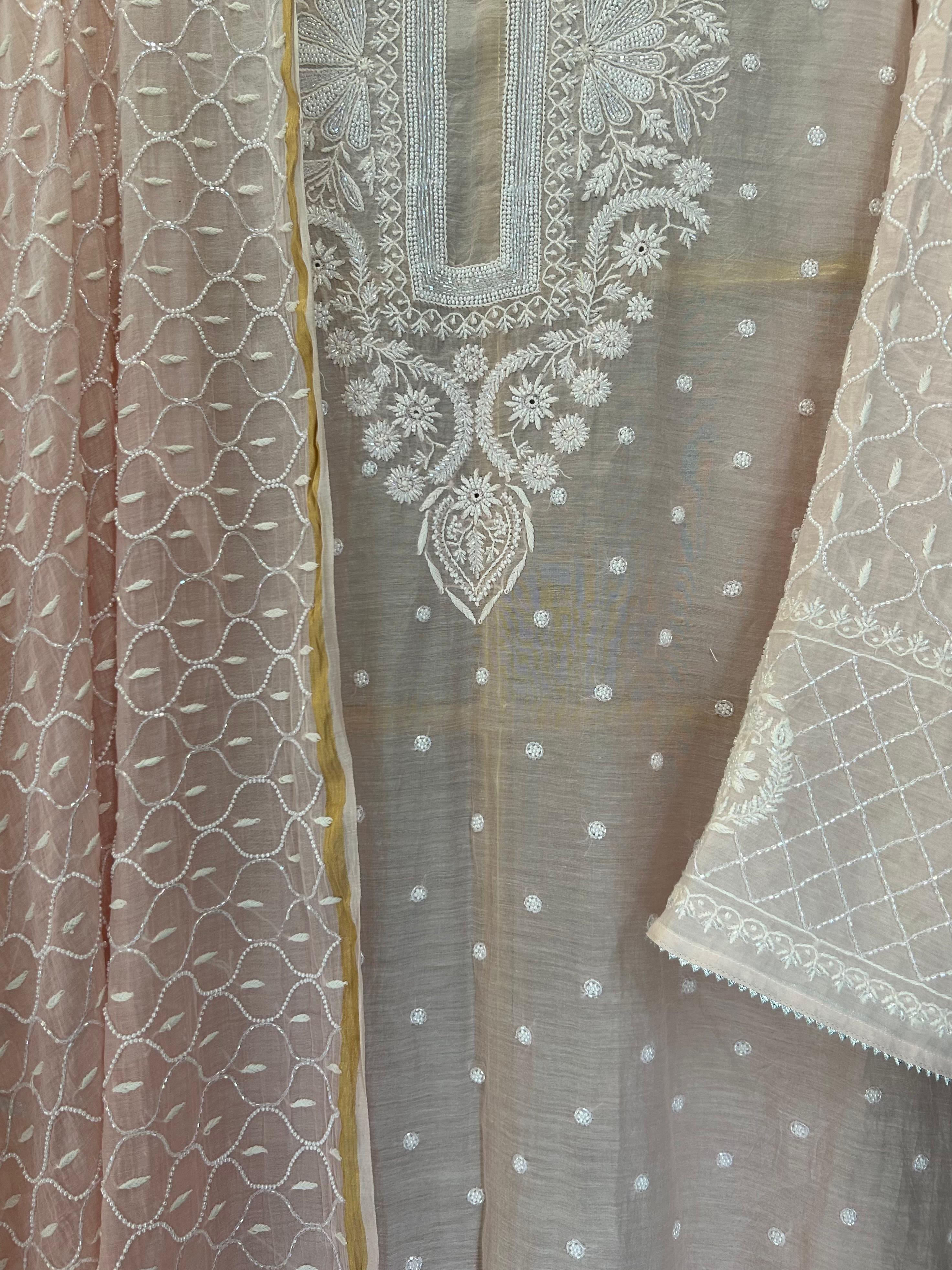 Pink Mul chanderi chikankari kurta set