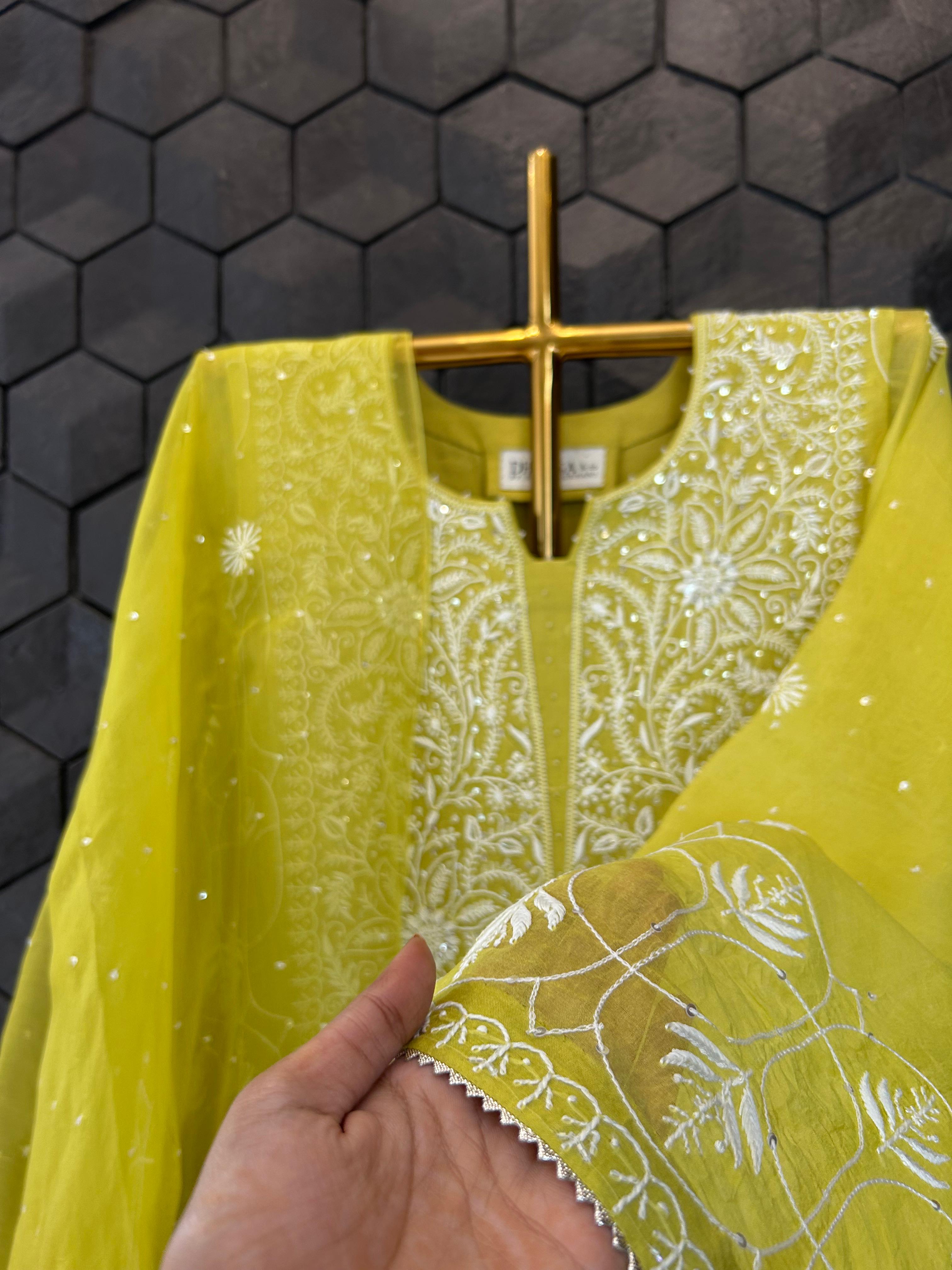 Lime green organza chikankari kurta set