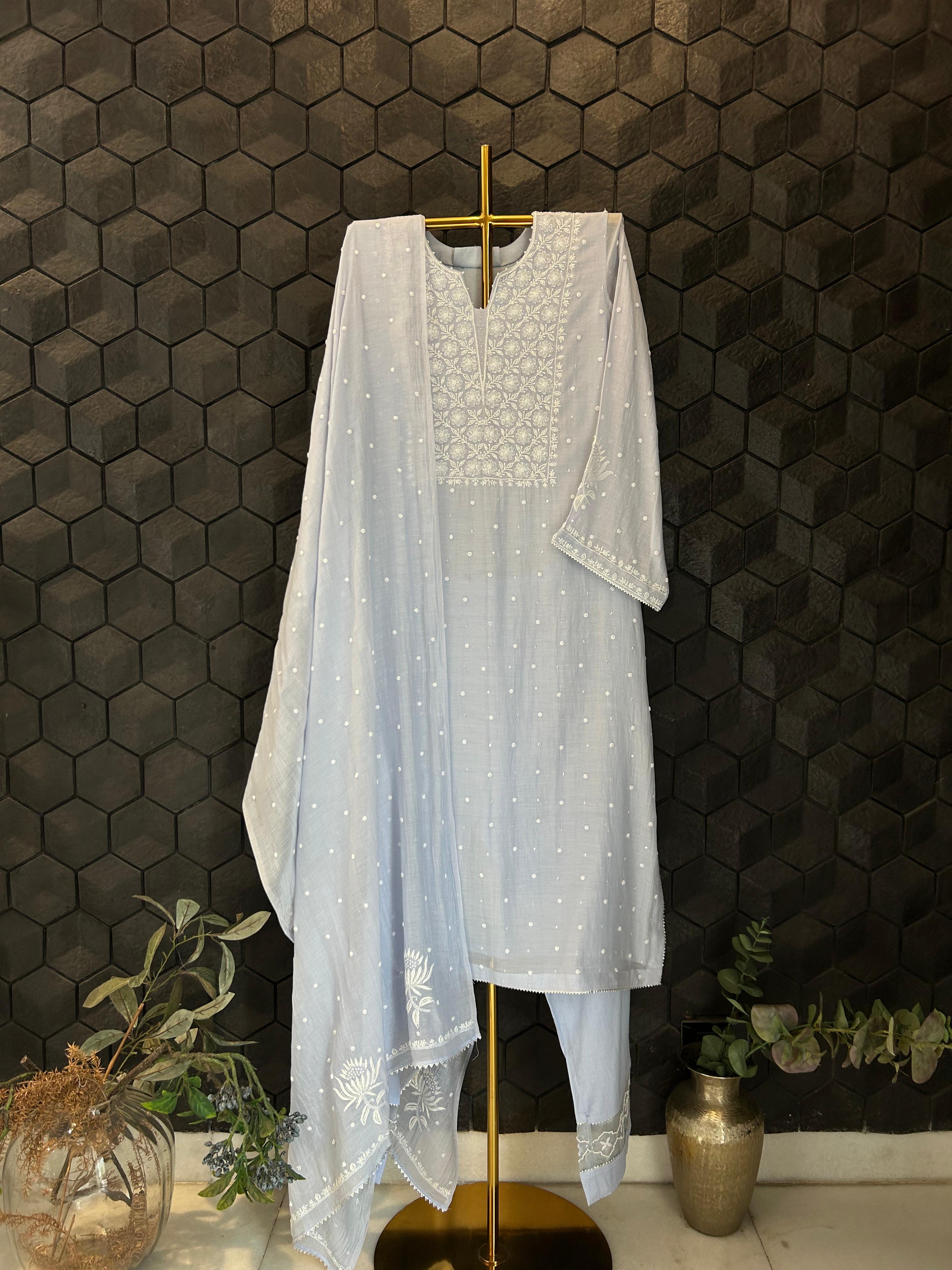 Blue mul chanderi chikankari kurta set